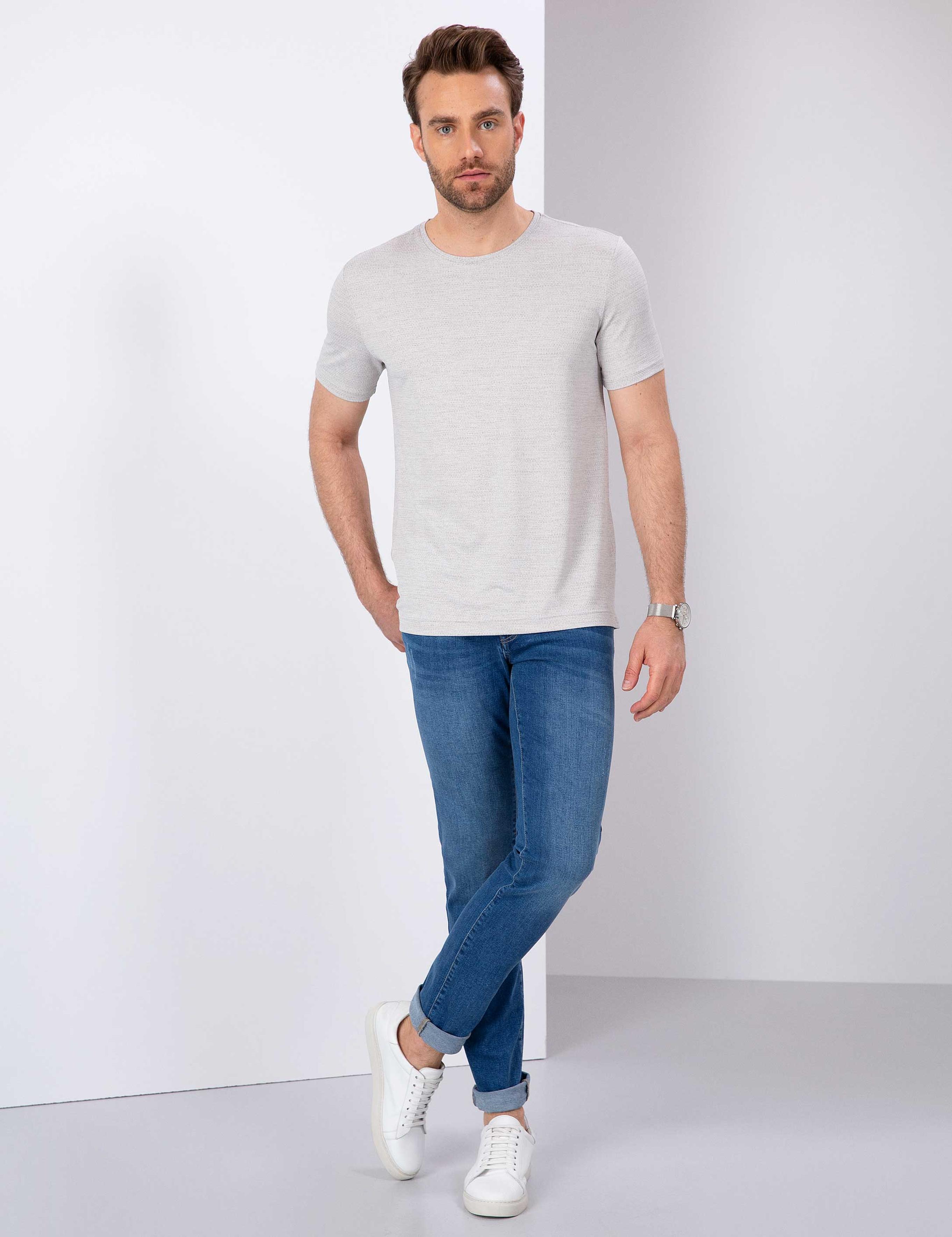 Gri Slim Fit Bisiklet Yaka T-Shirt