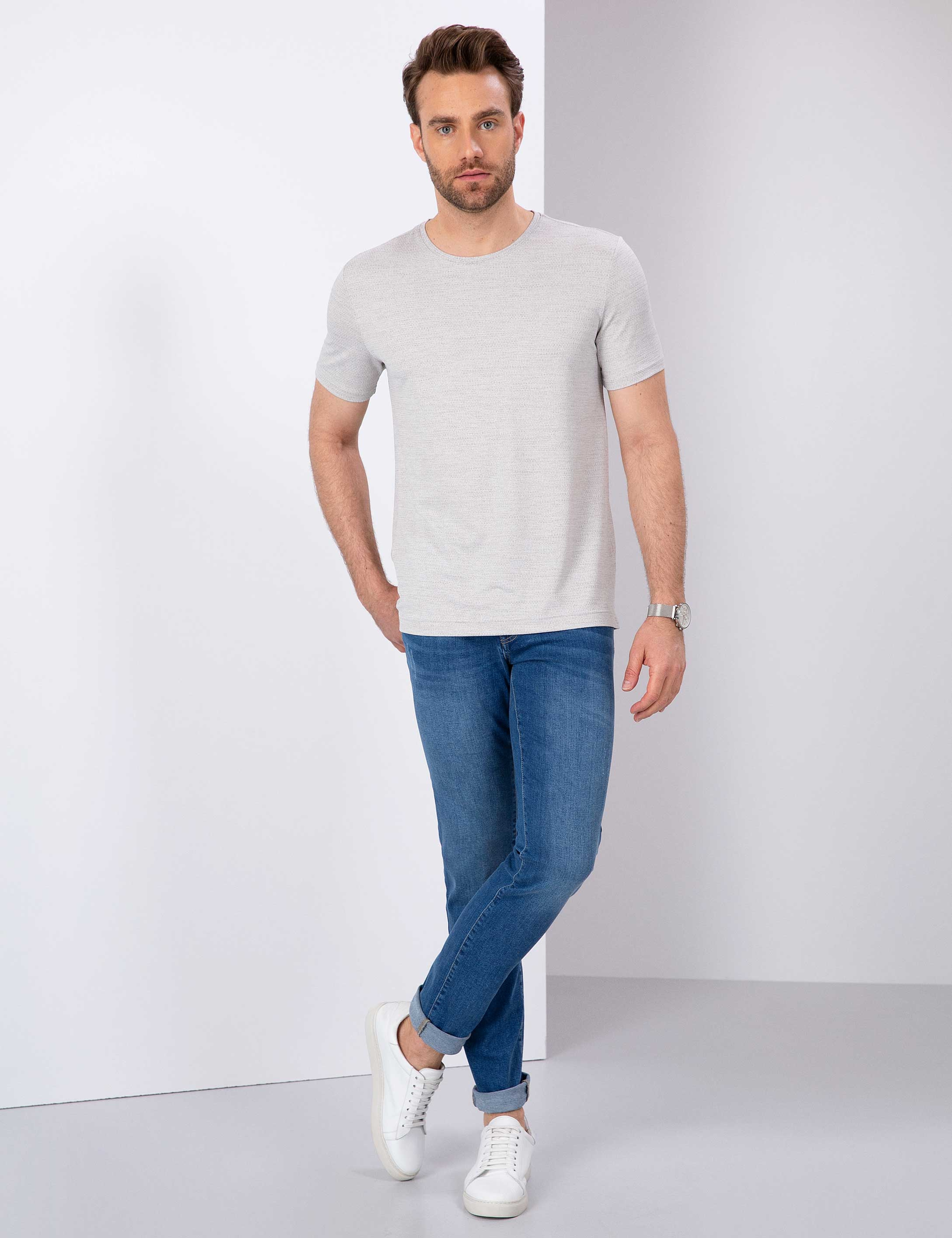Gri Slim Fit Bisiklet Yaka T-Shirt - Image 4