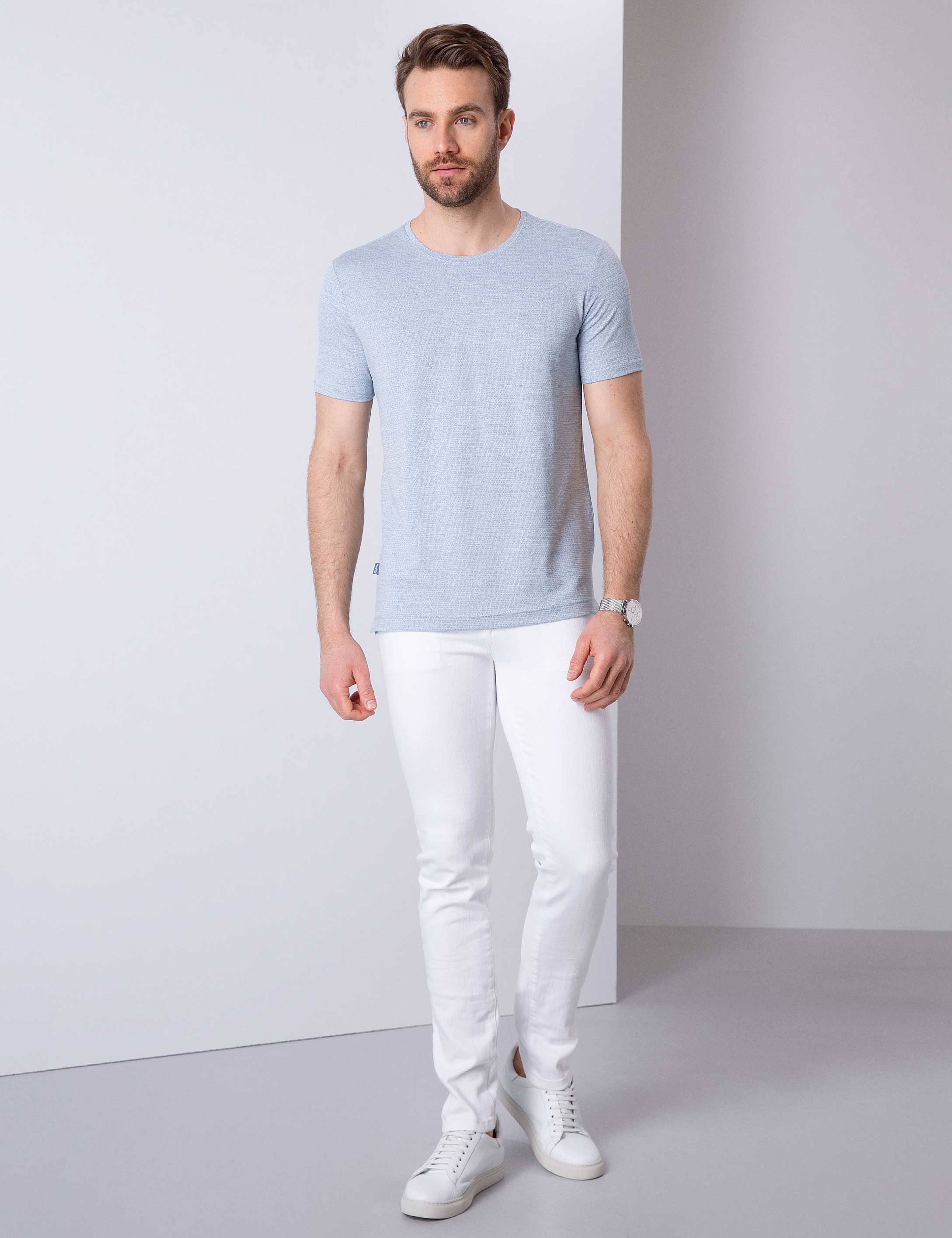 Petrol Mavi Slim Fit Bisiklet Yaka T-Shirt