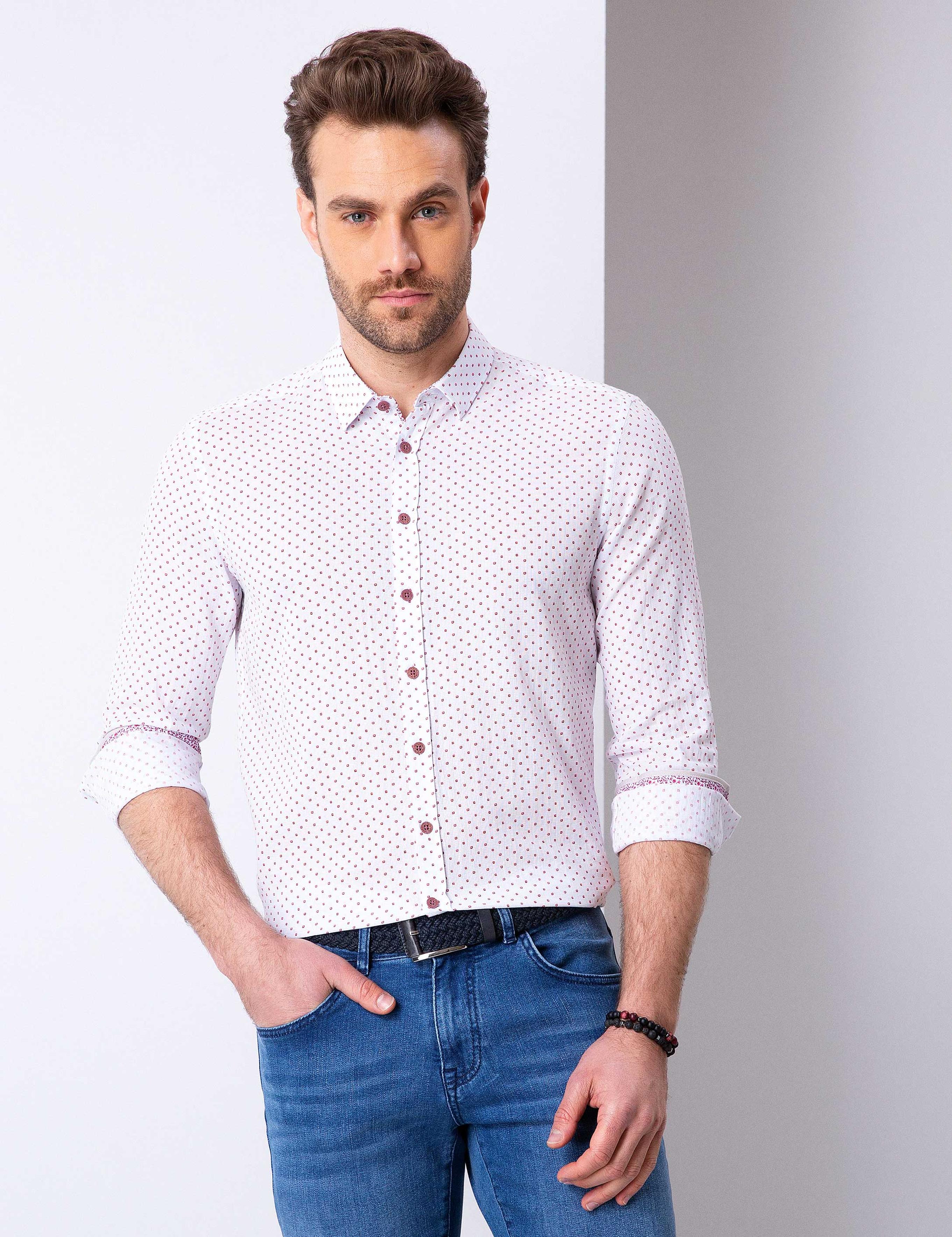 Kırmızı Slim Fit Uzun Kollu Gömlek