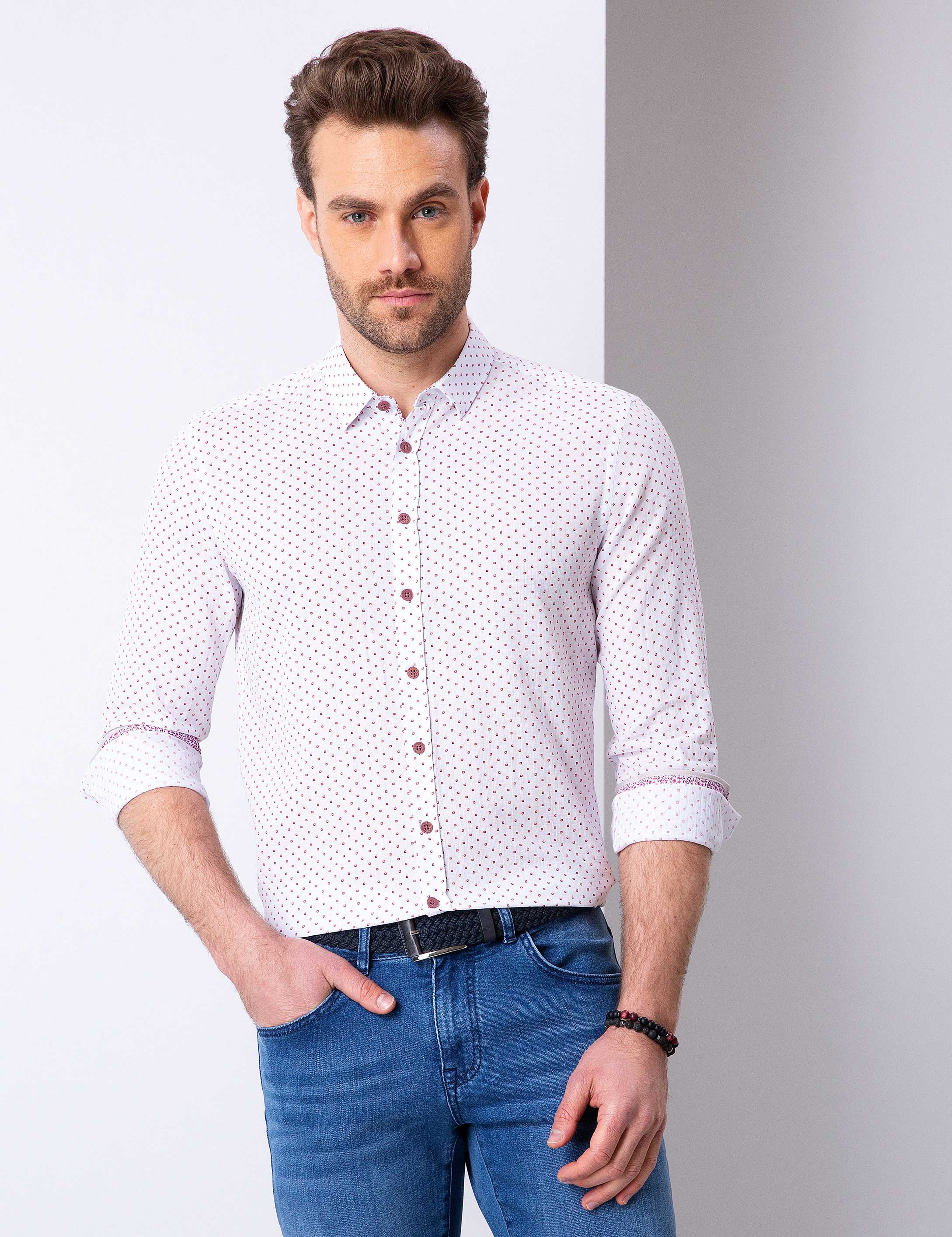 Kırmızı Slim Fit Uzun Kollu Gömlek