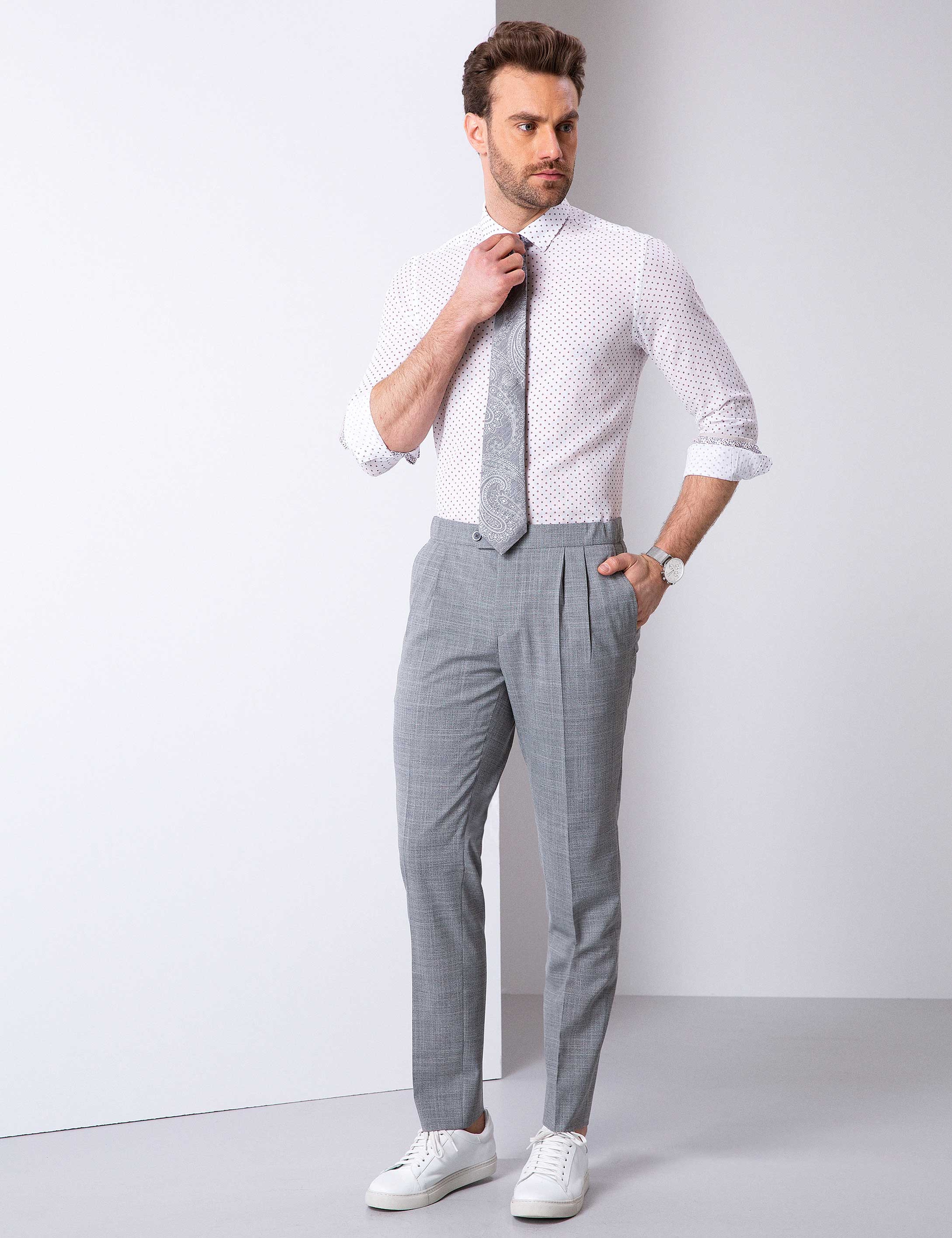 Kahverengi Detaylı Beyaz Slim Fit Gömlek - Image 2