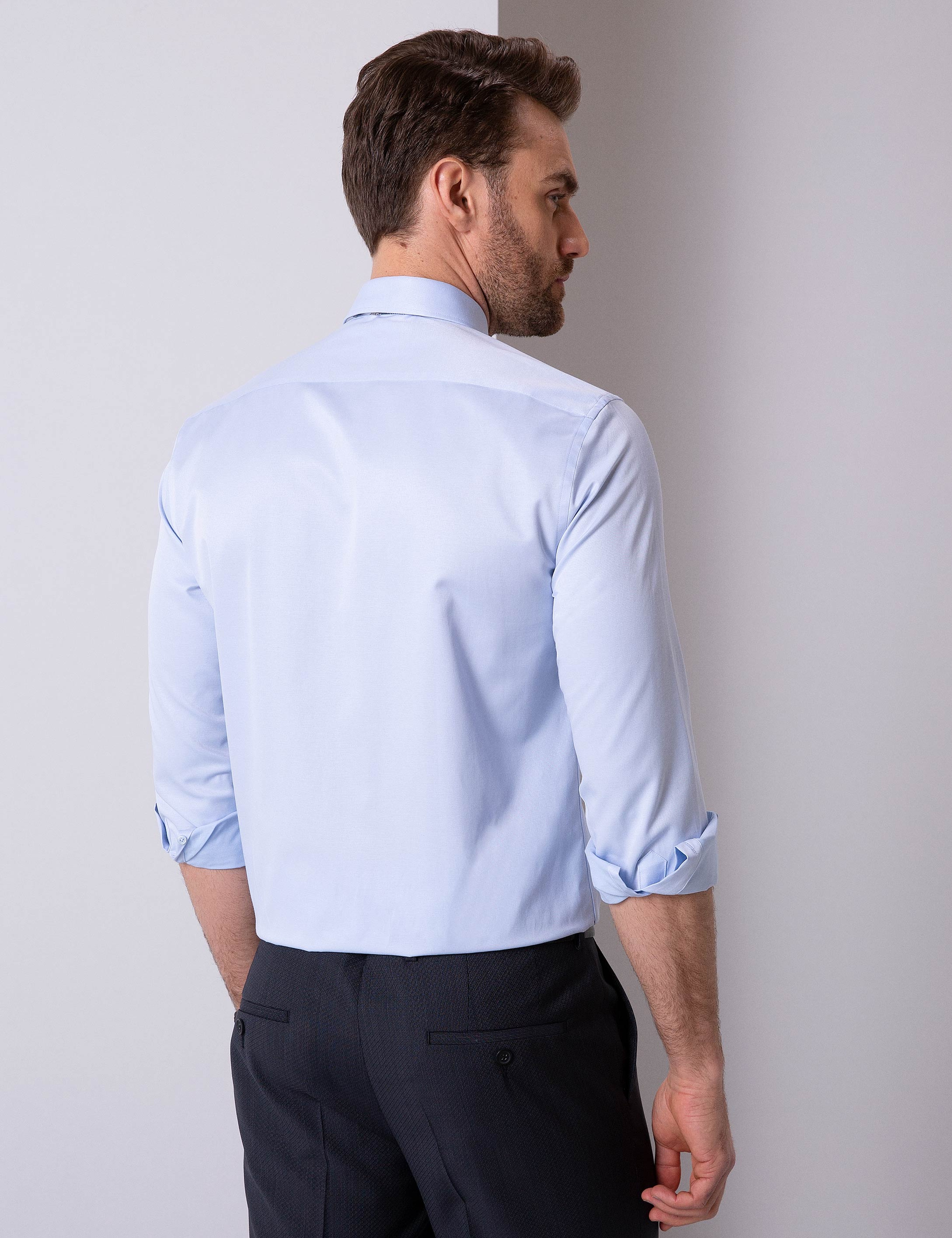 Açık Mavi Slim Fit Uzun Kollu Basic Gömlek