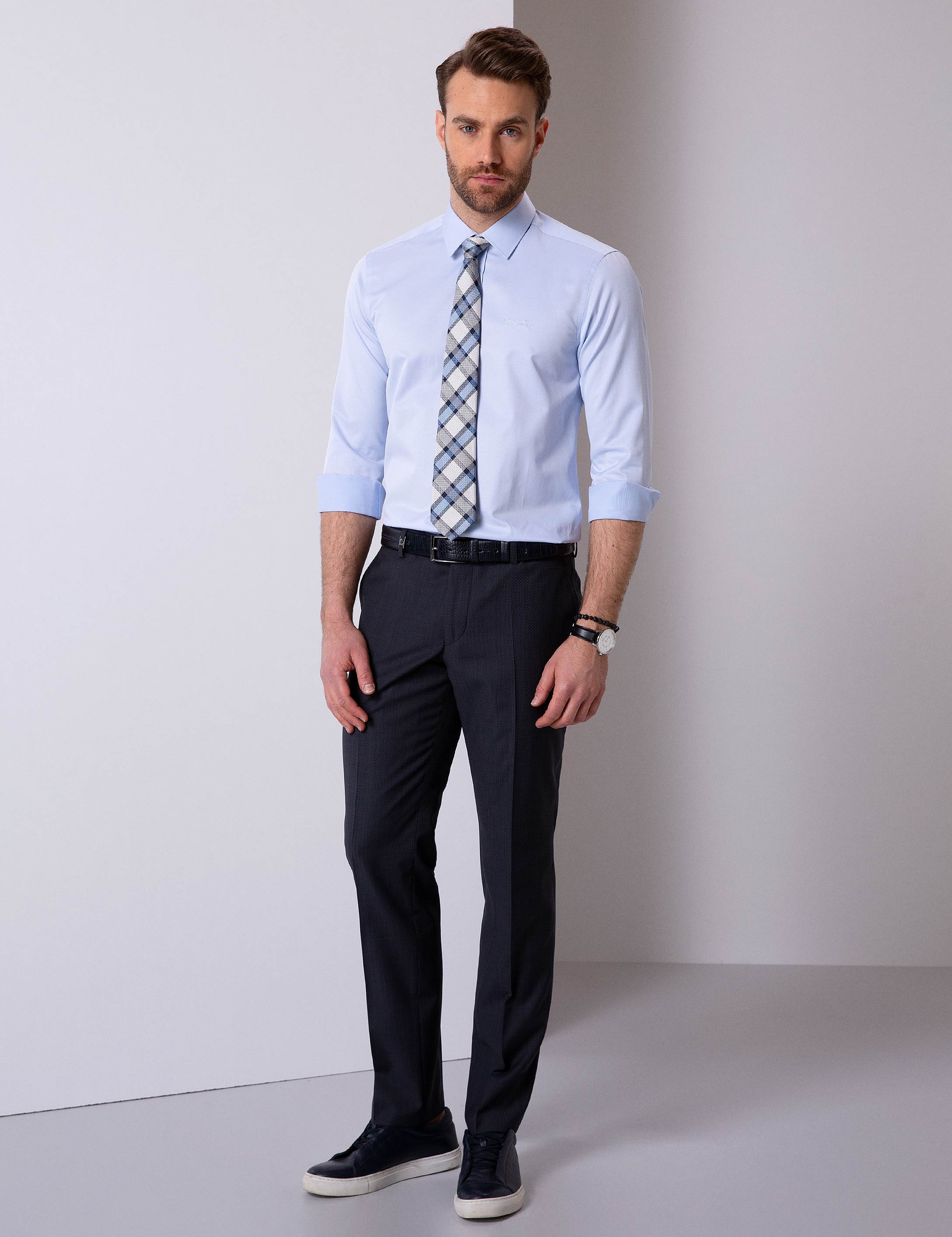 Açık Mavi Slim Fit Uzun Kollu Basic Gömlek - Image 2