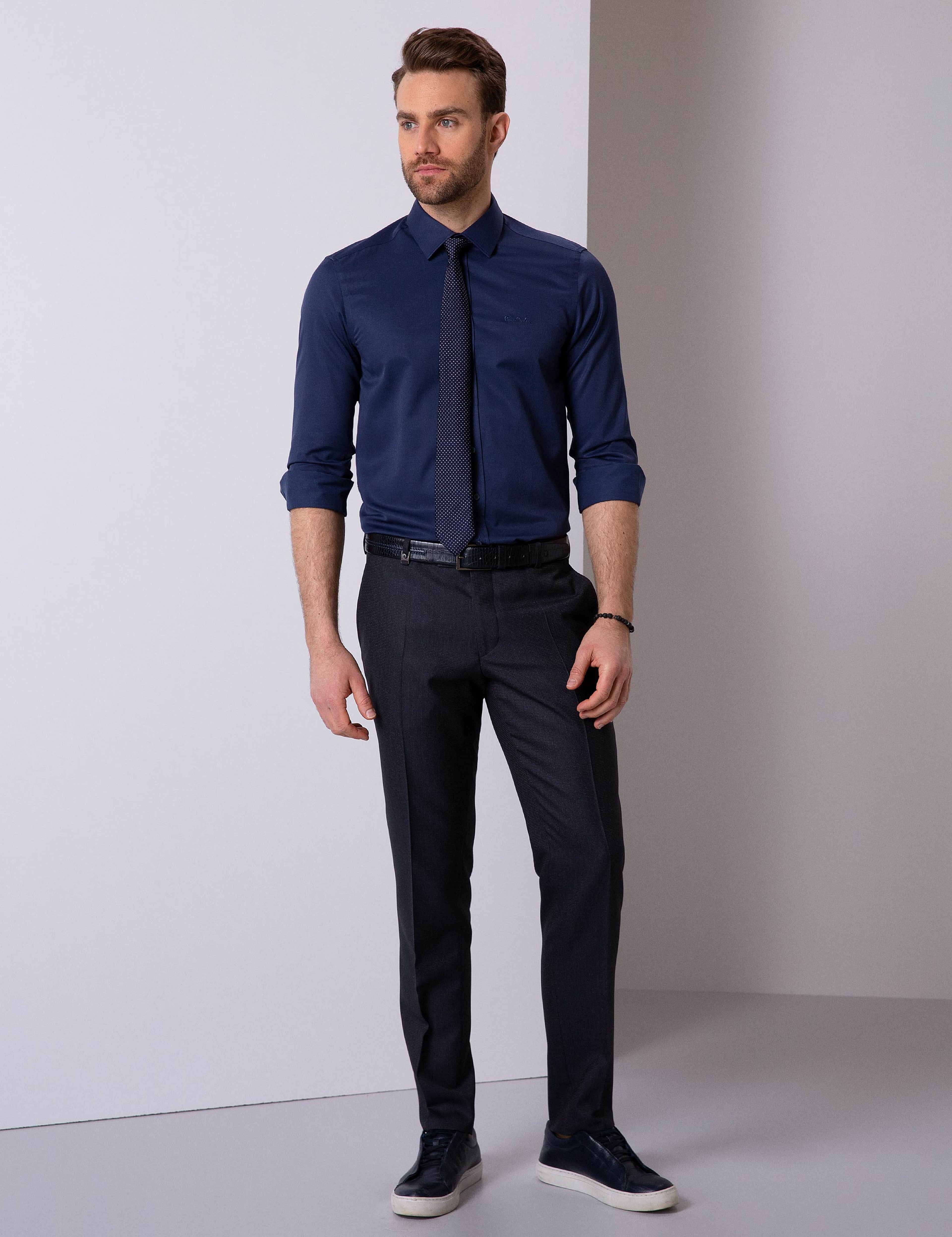 Lacivert Slim Fit Uzun Kollu Basic Gömlek - Image 2