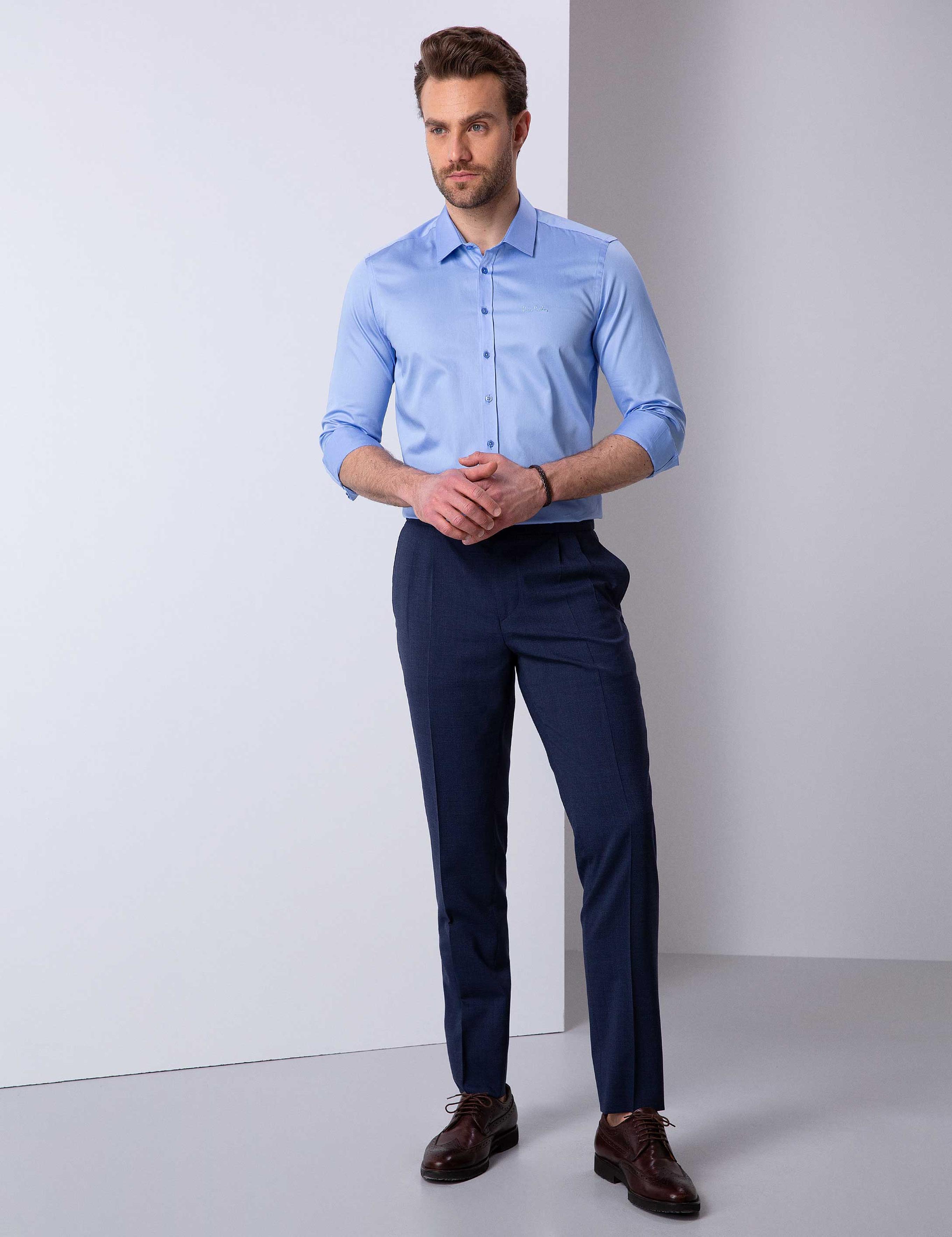 Koyu Mavi Slim Fit Uzun Kollu Basic Gömlek