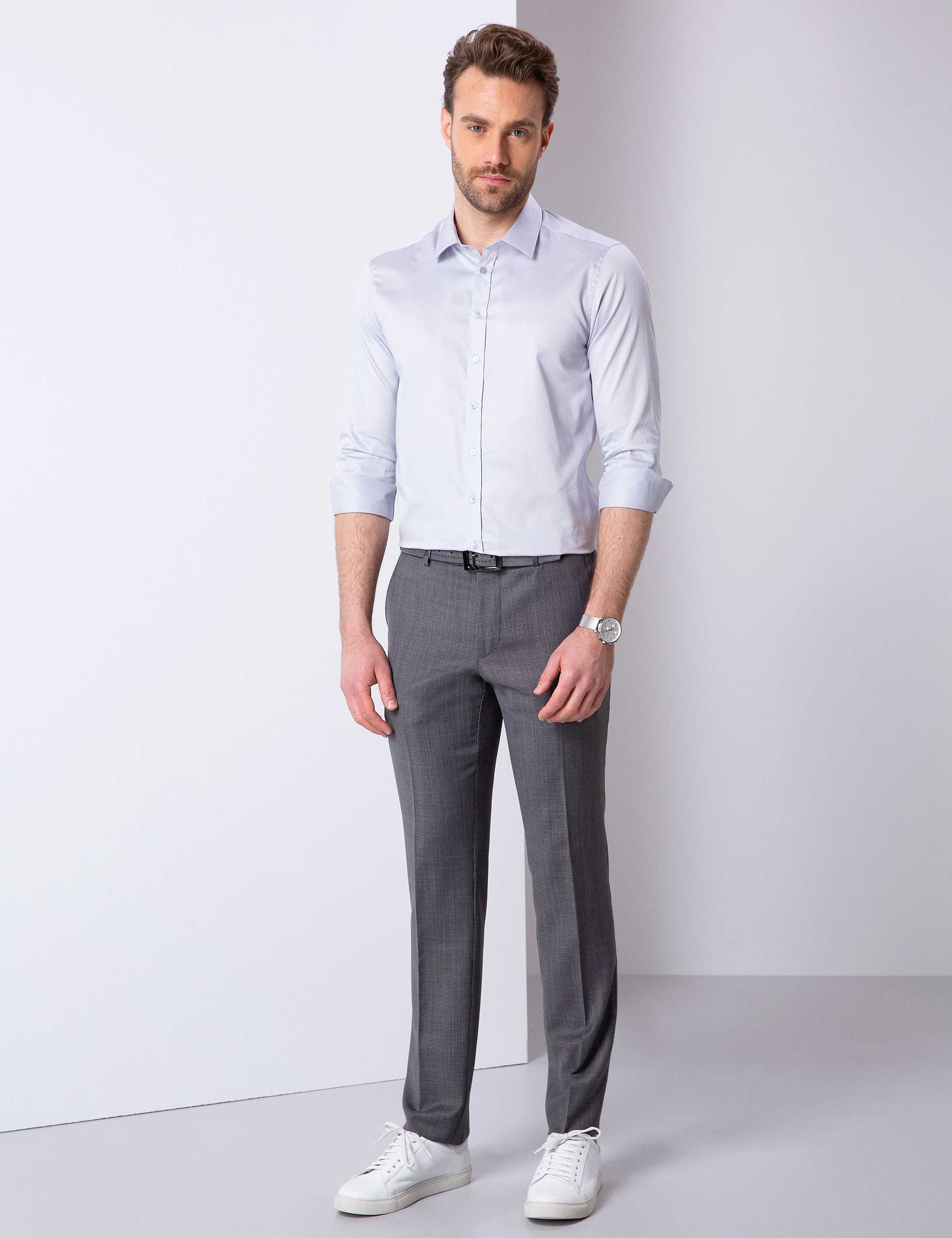 Gri Slim Fit Uzun Kollu Basic Gömlek - Image 2