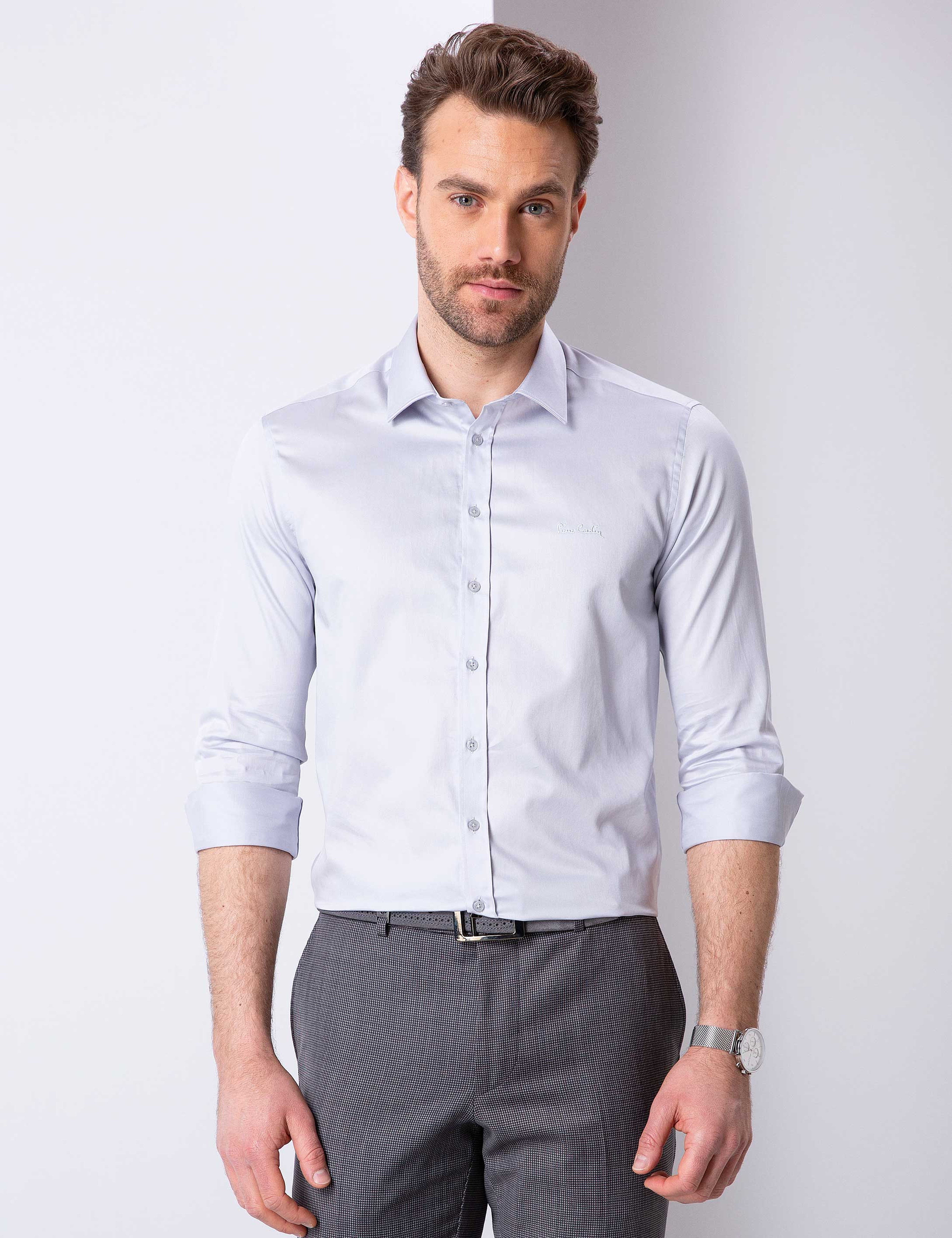 Gri Slim Fit Uzun Kollu Basic Gömlek - Image 1