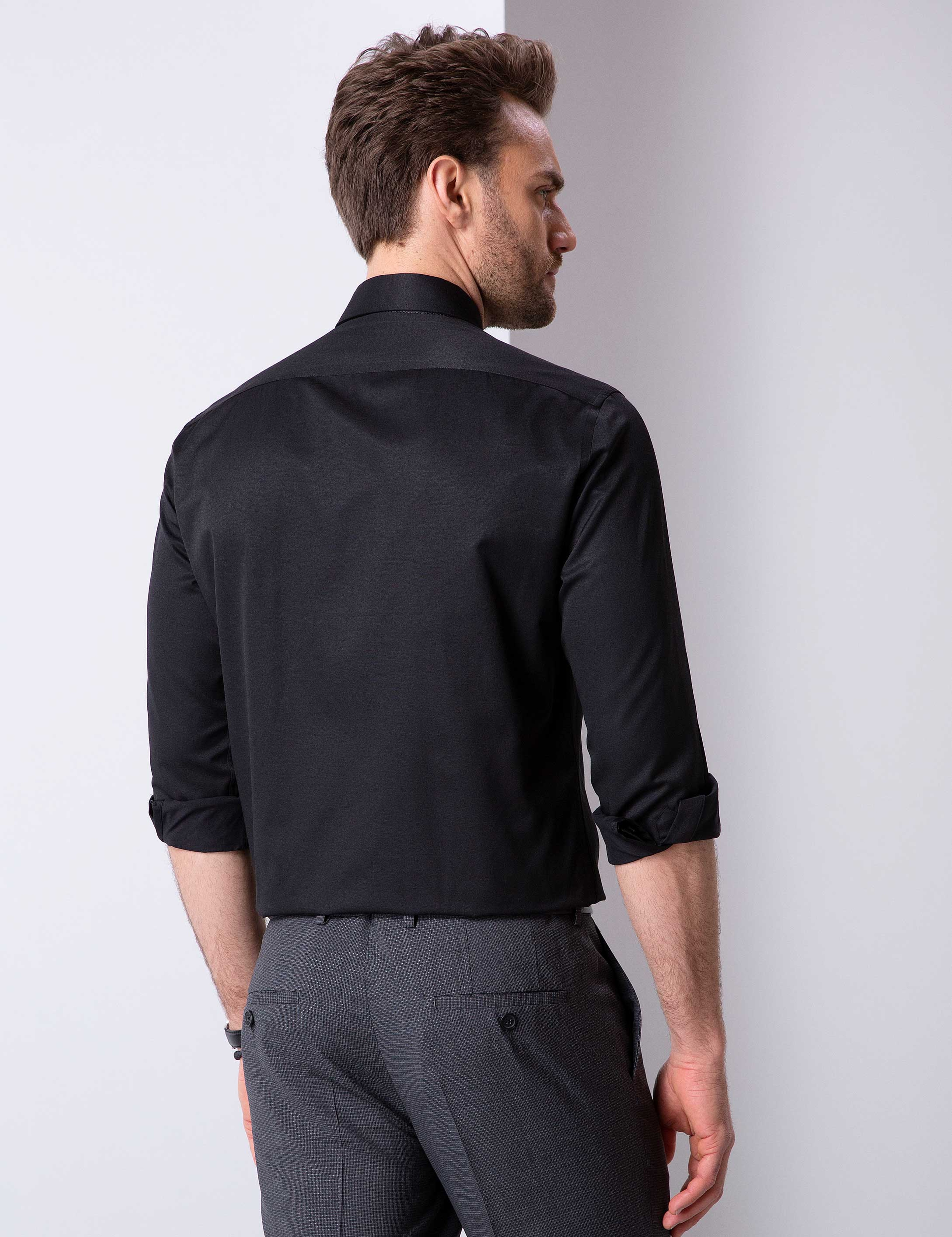 Siyah Regular Fit Uzun Kollu Basic Gömlek - Image 4