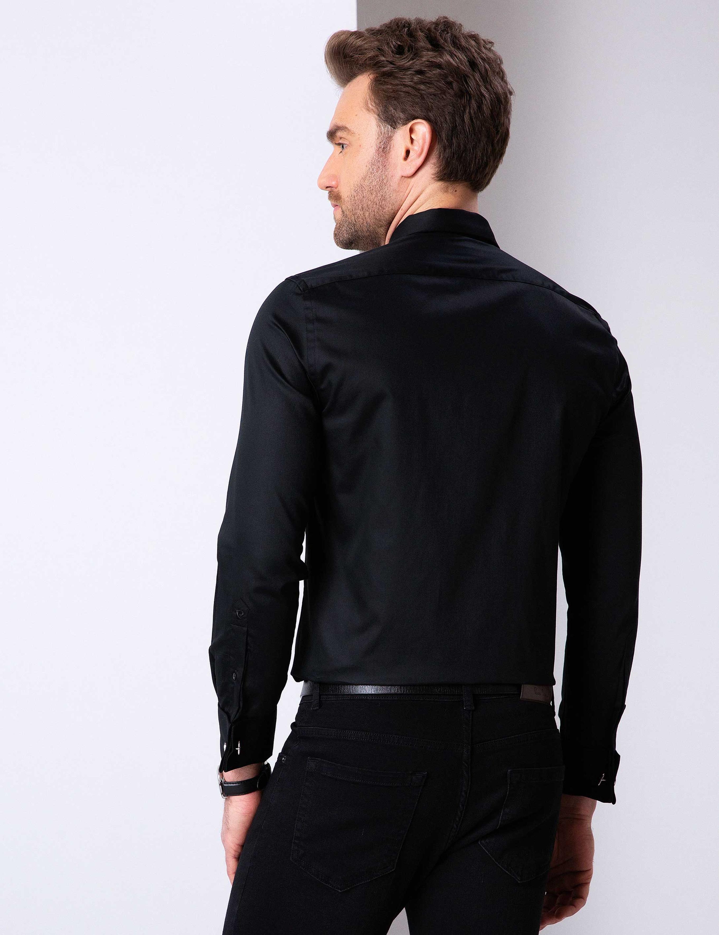 Siyah Slim Fit Uzun Kollu Basic Gömlek