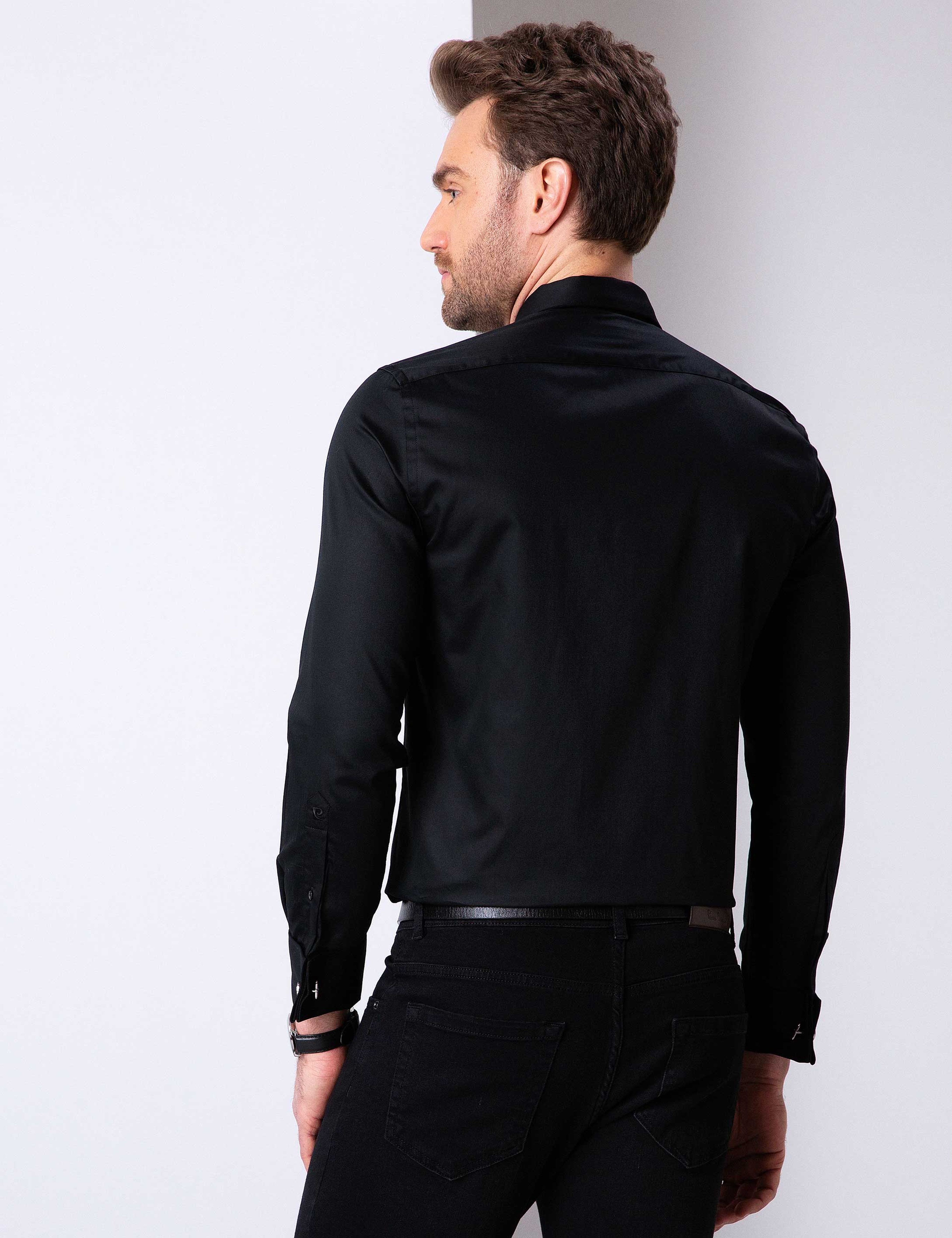 Siyah Slim Fit Uzun Kollu Basic Gömlek - Image 4