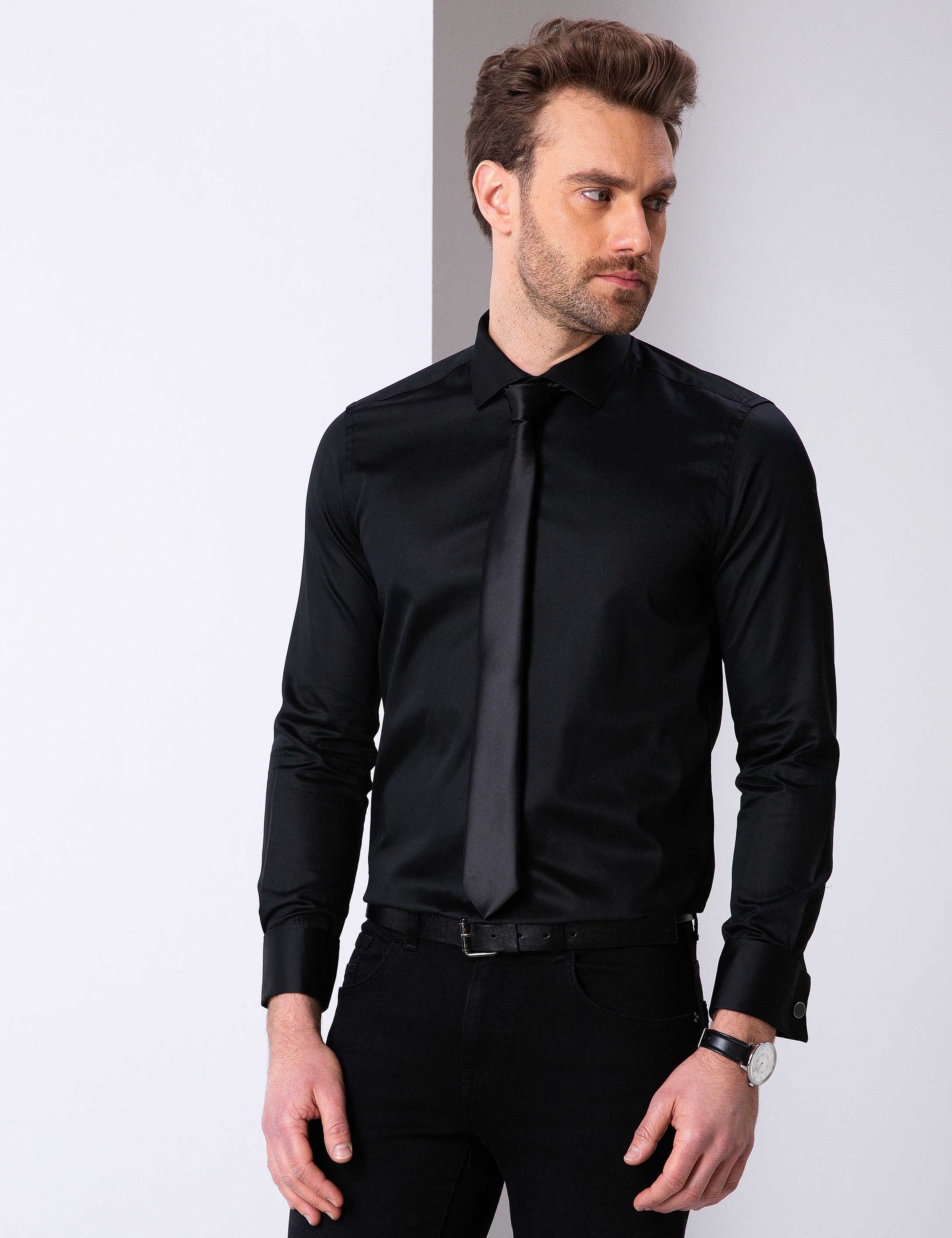 Siyah Slim Fit Uzun Kollu Basic Gömlek - Image 1