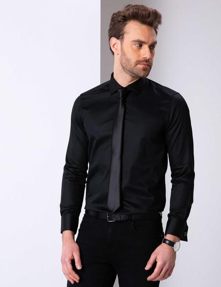 Siyah Slim Fit Uzun Kollu Basic Gömlek - 50204566013