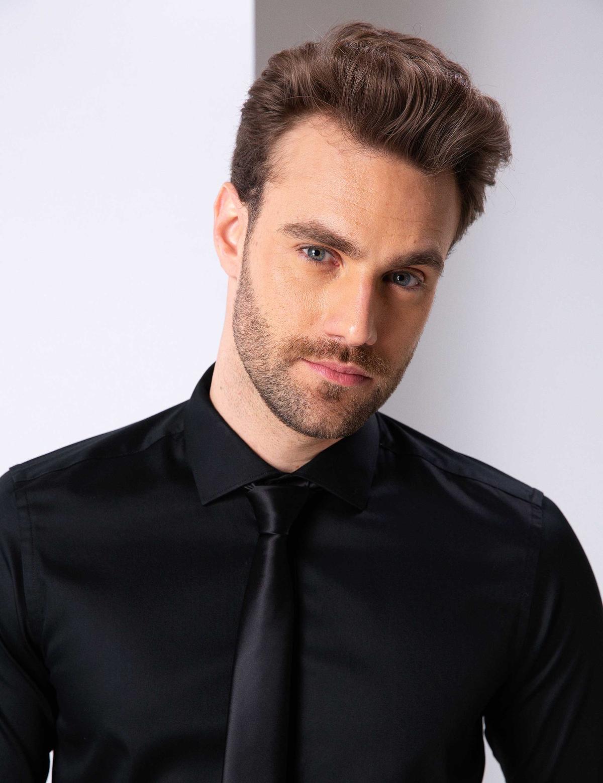 Siyah Slim Fit Uzun Kollu Basic Gömlek - 50204566013