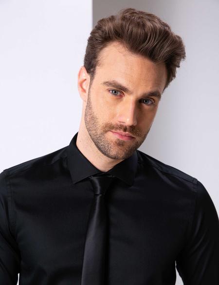 Siyah Slim Fit Uzun Kollu Basic Gömlek - 50204566013