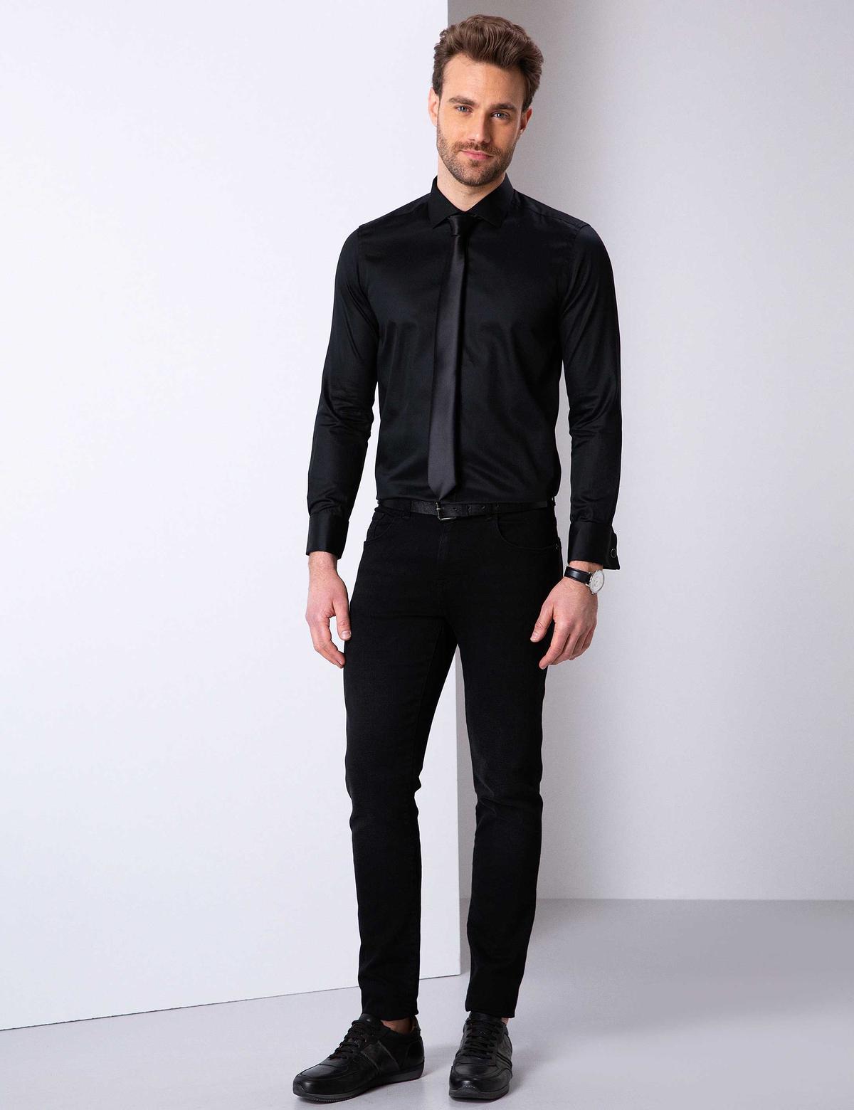 Siyah Slim Fit Uzun Kollu Basic Gömlek - 50204566013