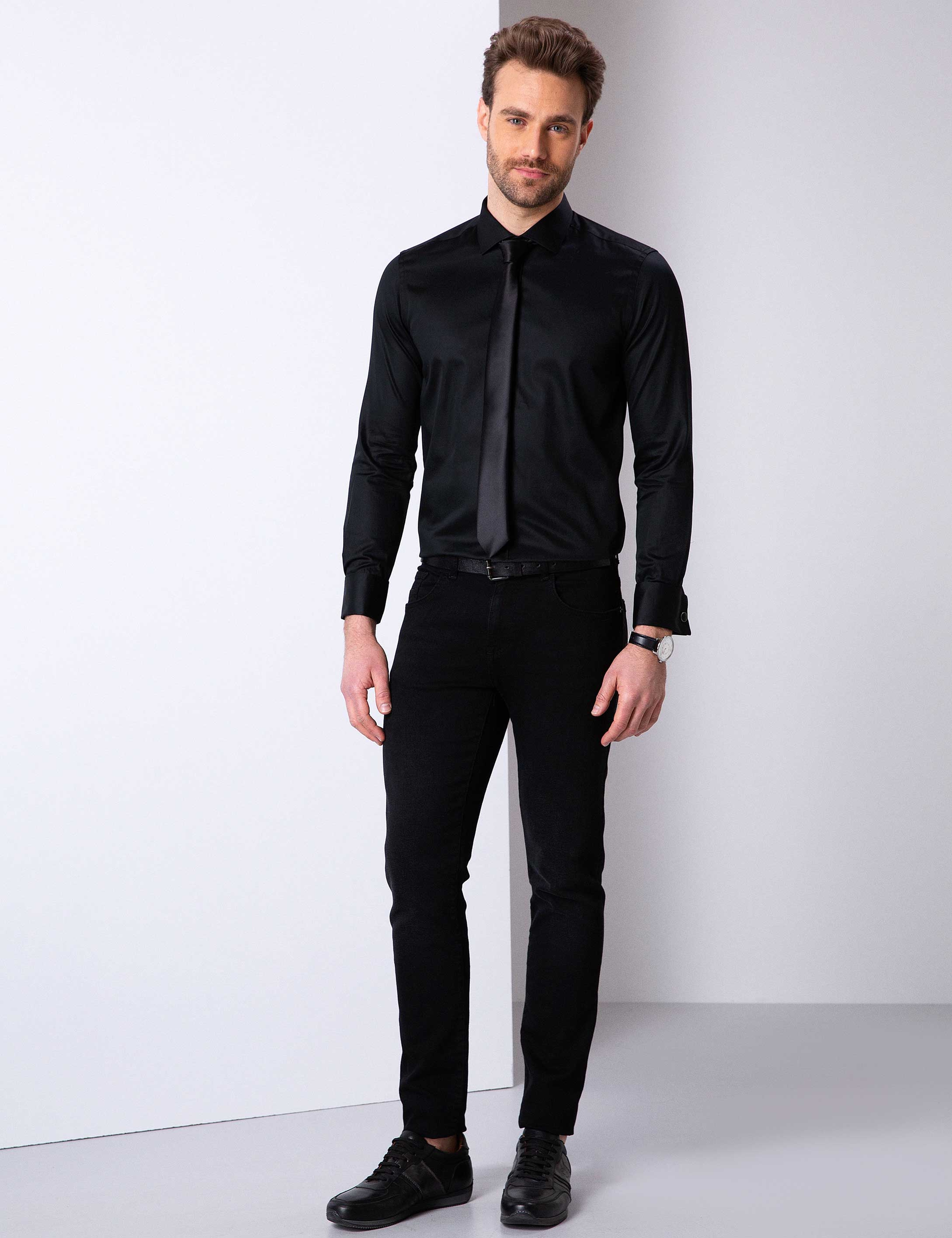 Siyah Slim Fit Uzun Kollu Basic Gömlek - Image 3