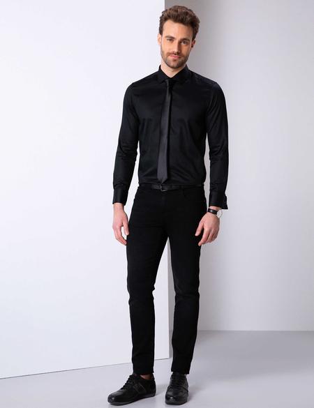 Siyah Slim Fit Uzun Kollu Basic Gömlek - 50204566013