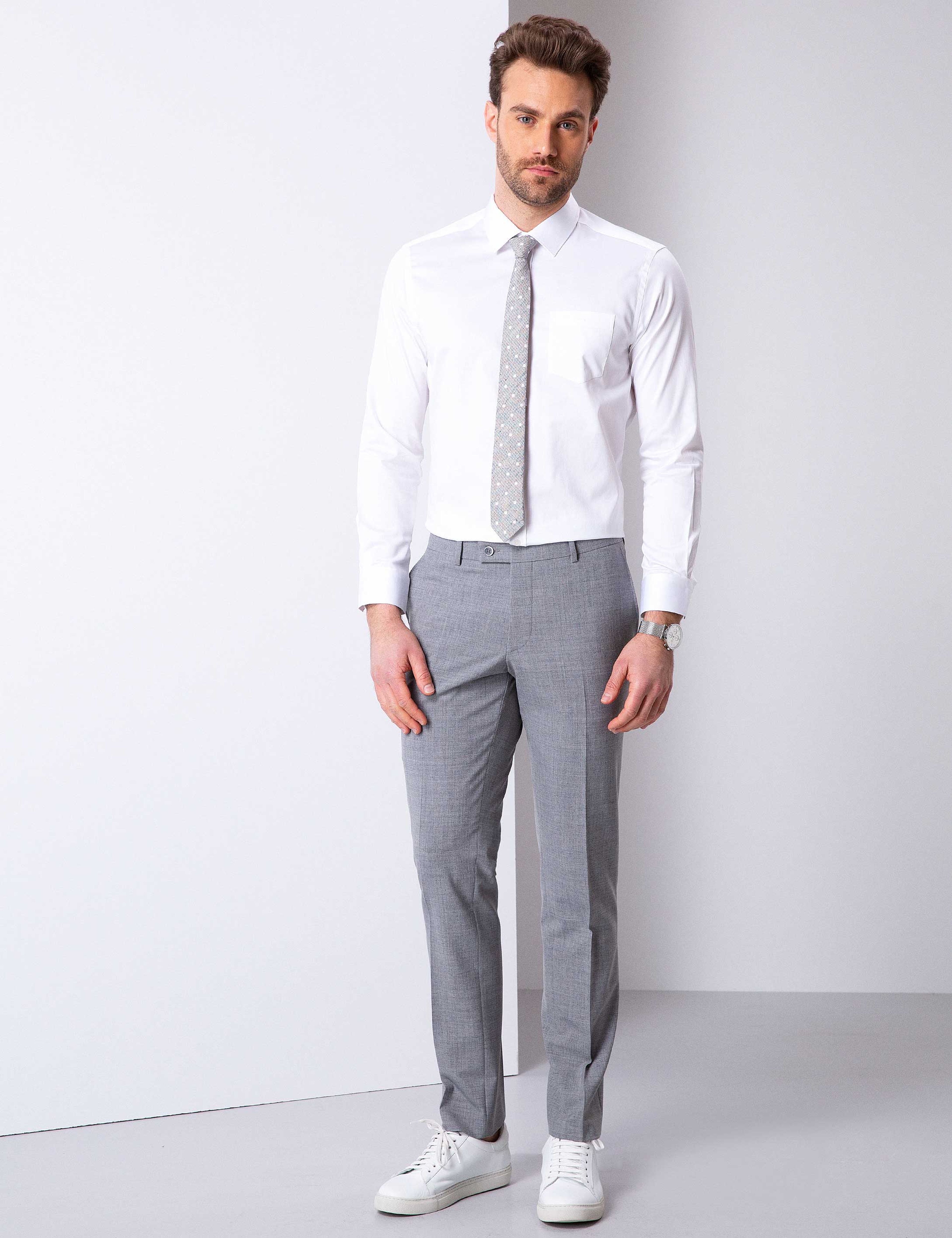 Beyaz Regular Fit Uzun Kollu Basic Gömlek - Image 2