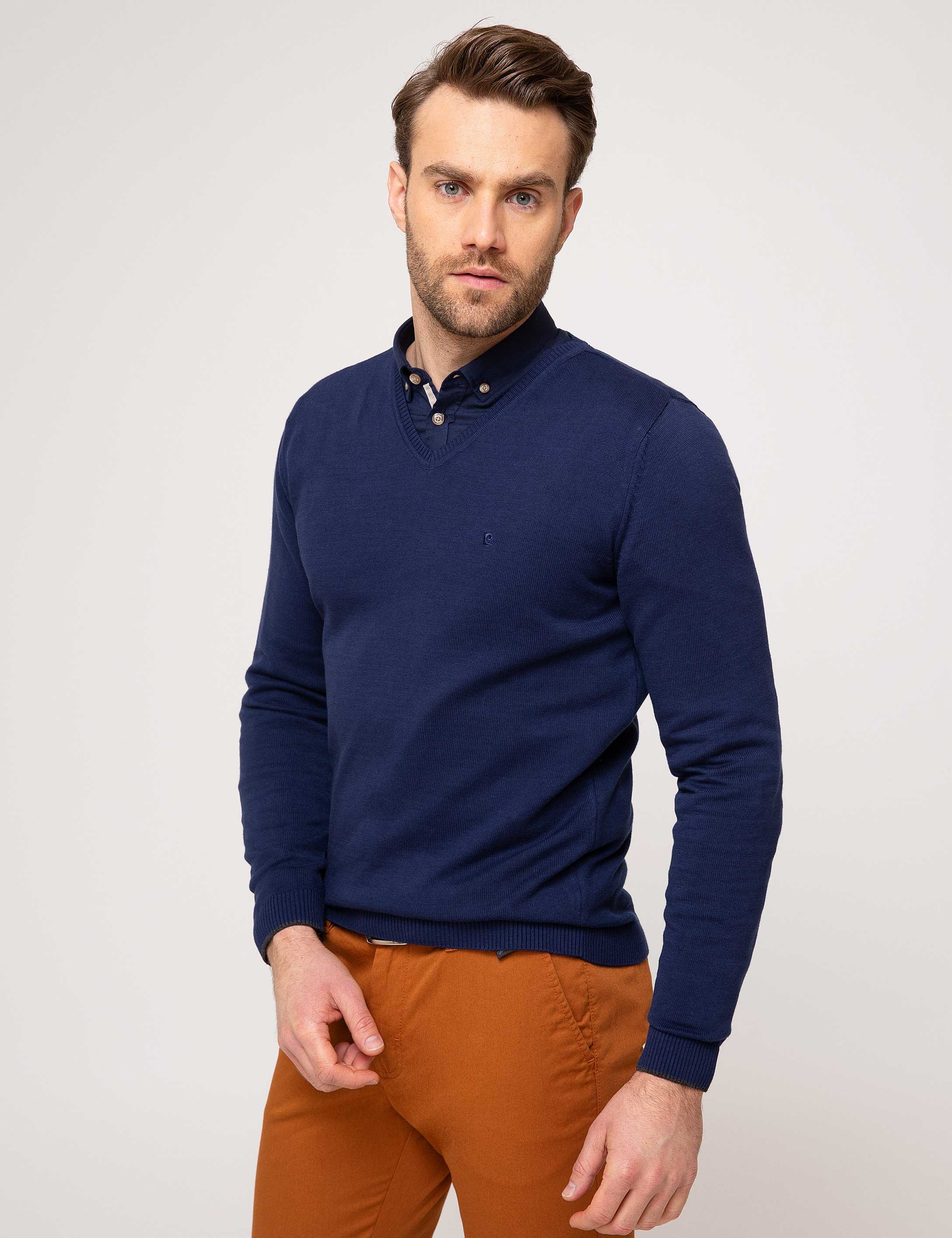 Lacivert Slim Fit V Yaka Basic Triko Kazak - Image 2