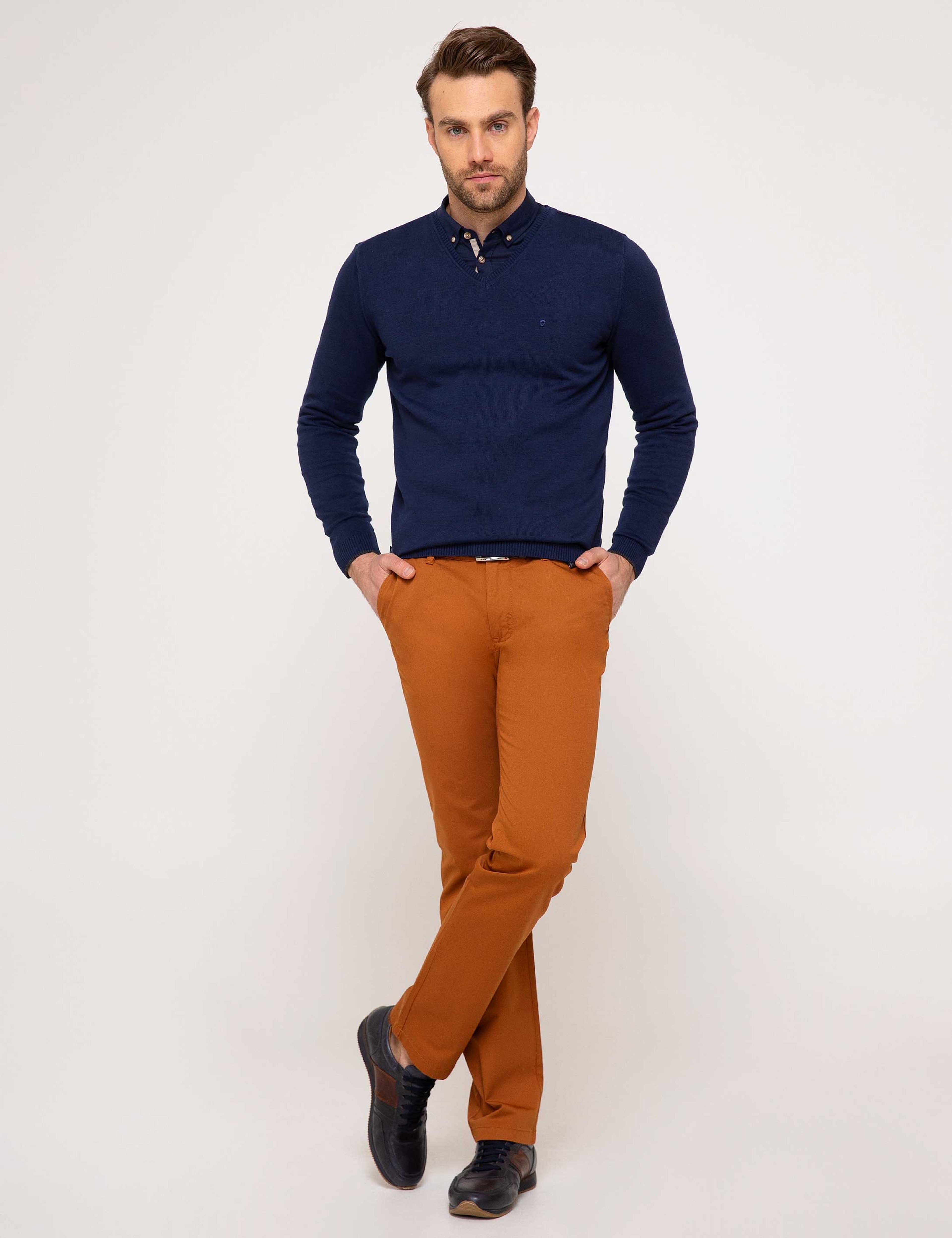 Lacivert Slim Fit V Yaka Basic Triko Kazak