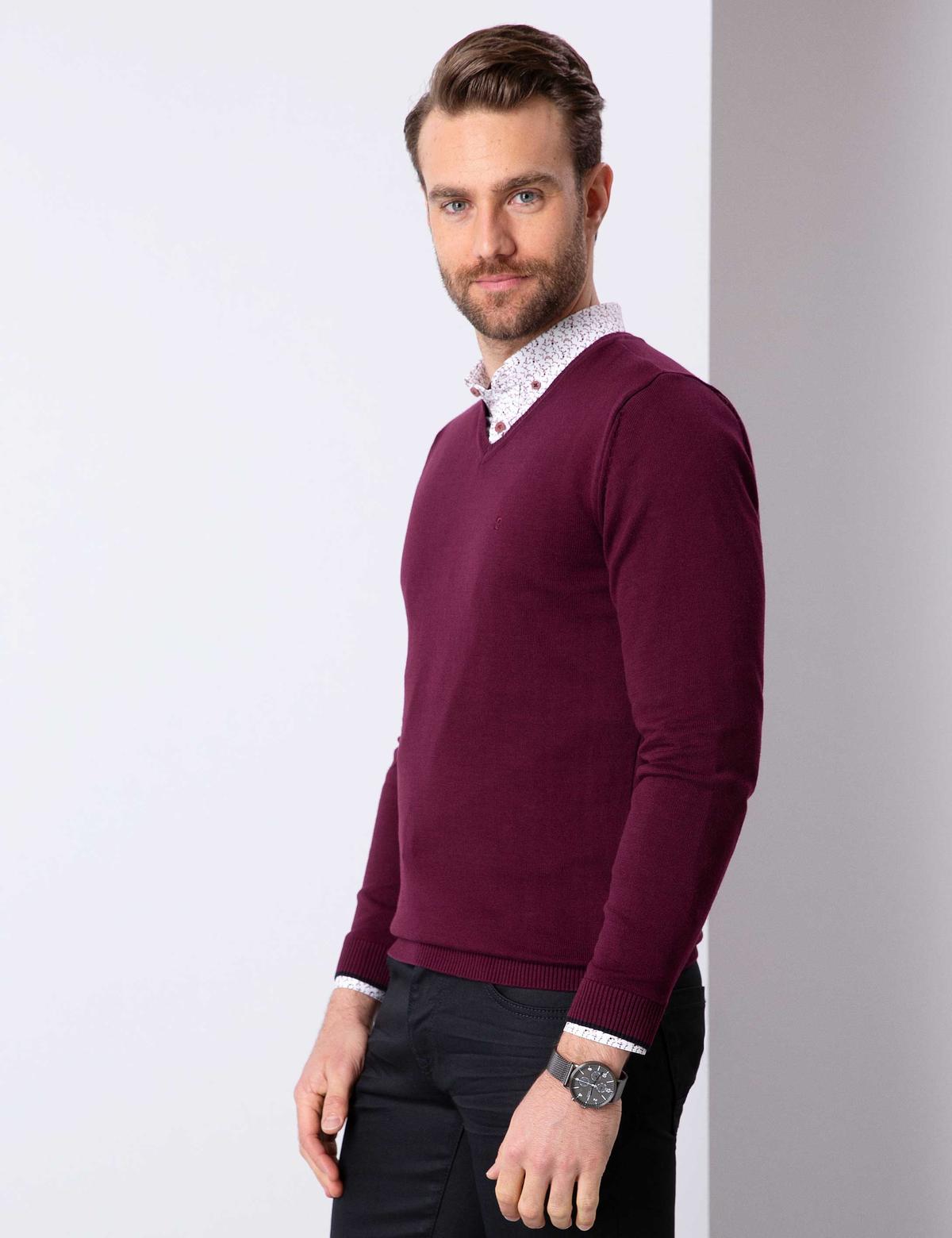 Bordo Slim Fit V Yaka Basic Triko Kazak - 50205303023