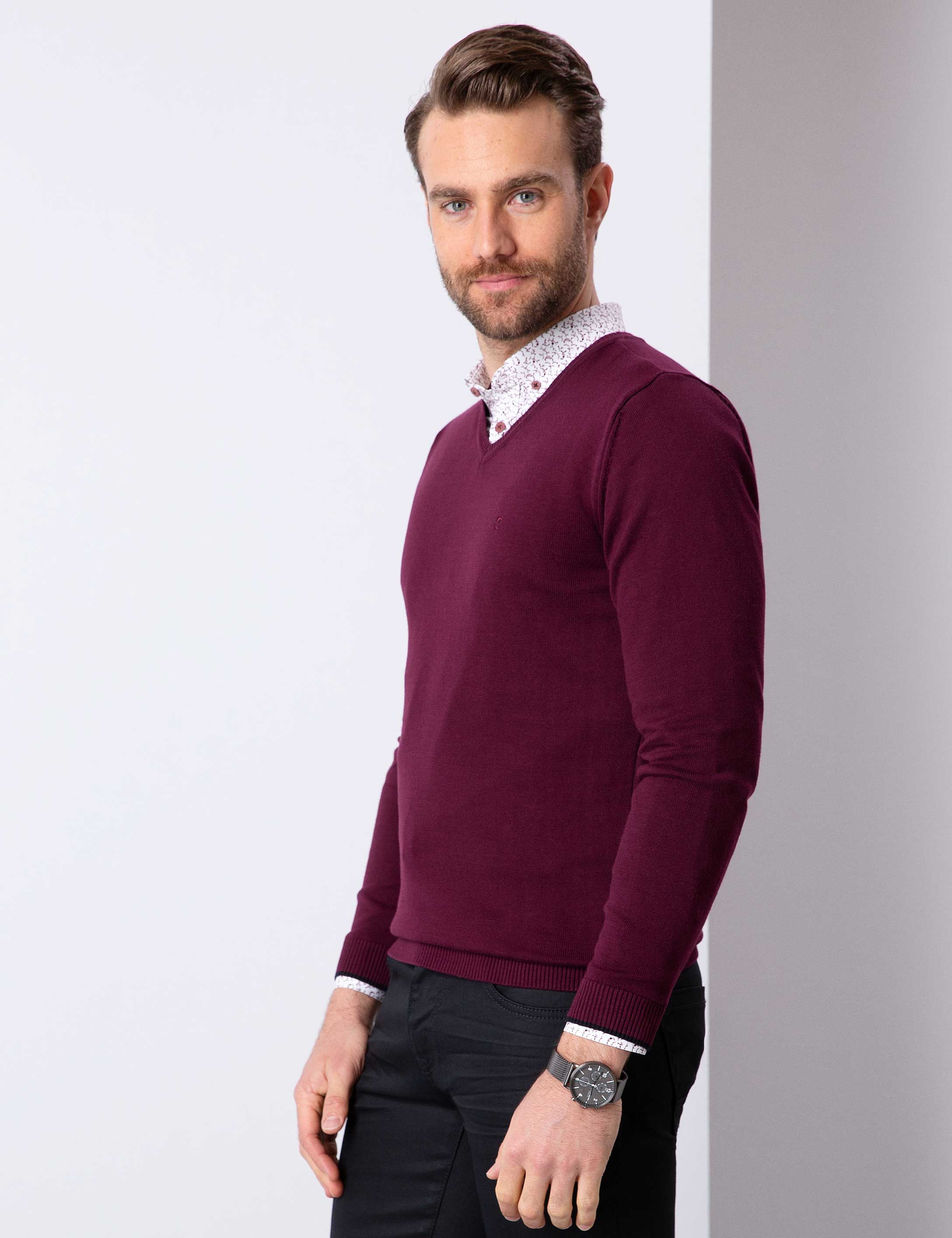 Bordo Slim Fit V Yaka Basic Triko Kazak