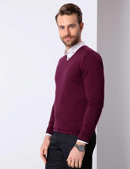 Bordo Slim Fit V Yaka Basic Triko Kazak - 50205303023