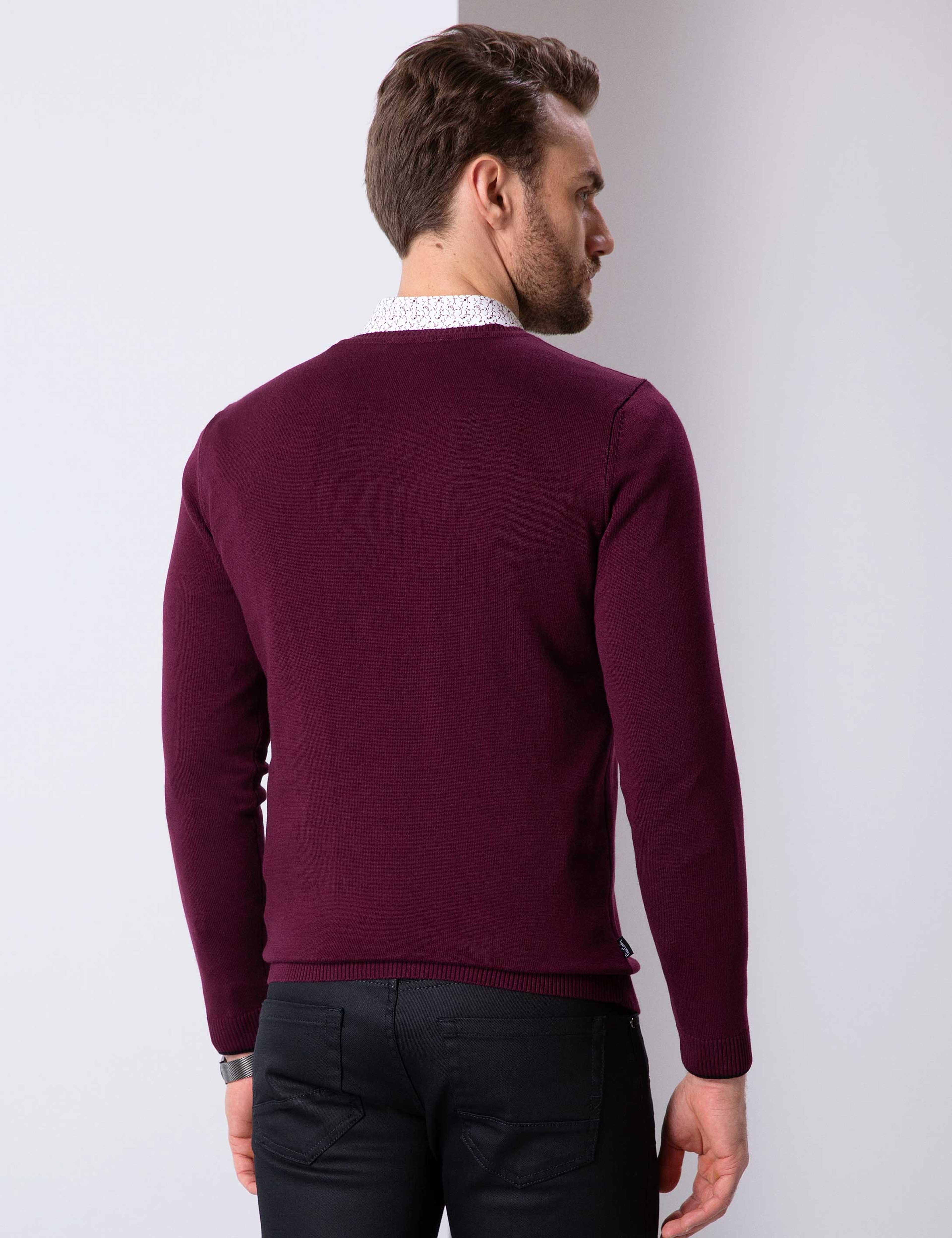Bordo Slim Fit V Yaka Basic Triko Kazak