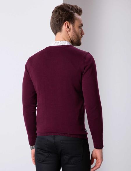 Bordo Slim Fit V Yaka Basic Triko Kazak - 50205303023