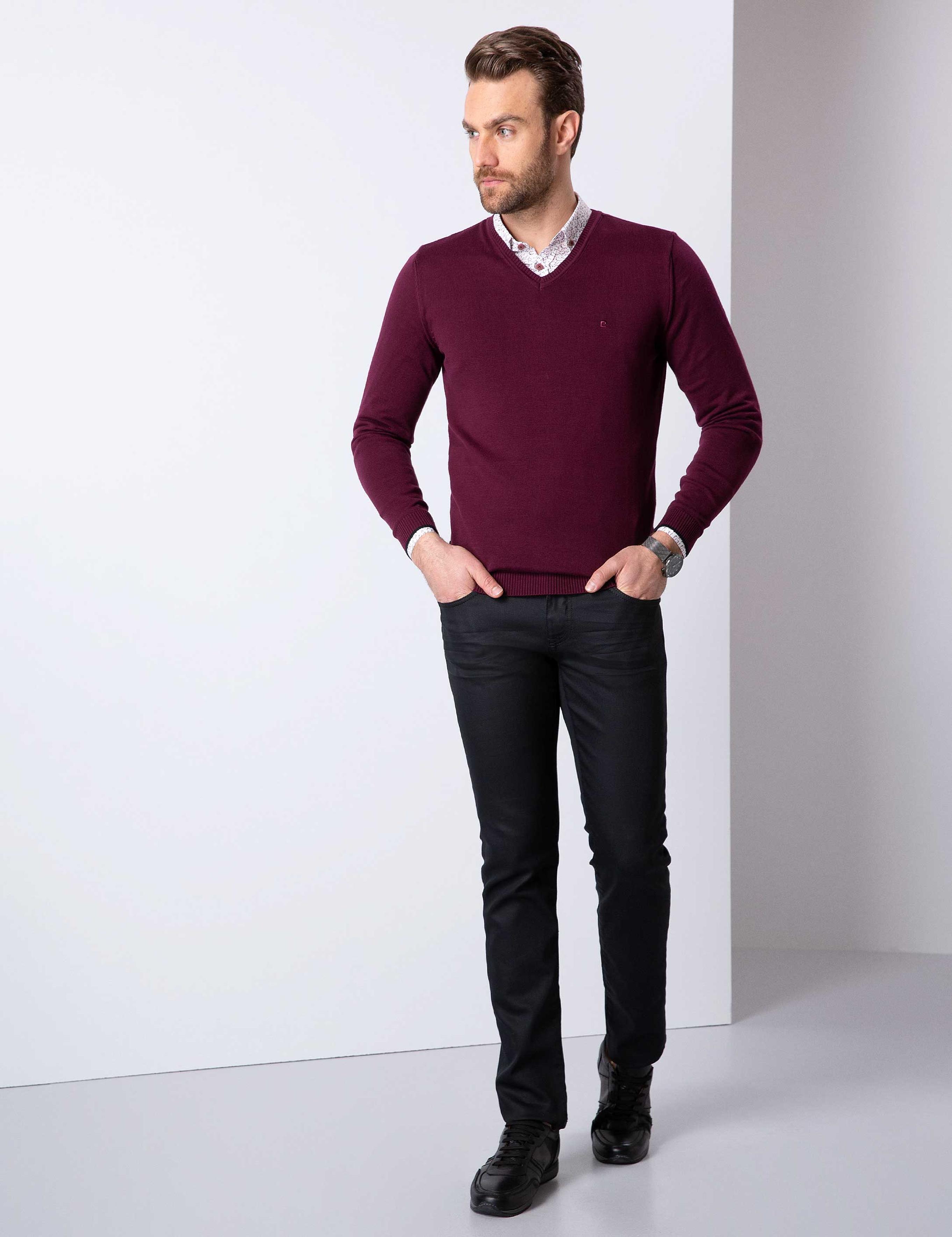 Bordo Slim Fit V Yaka Basic Triko Kazak