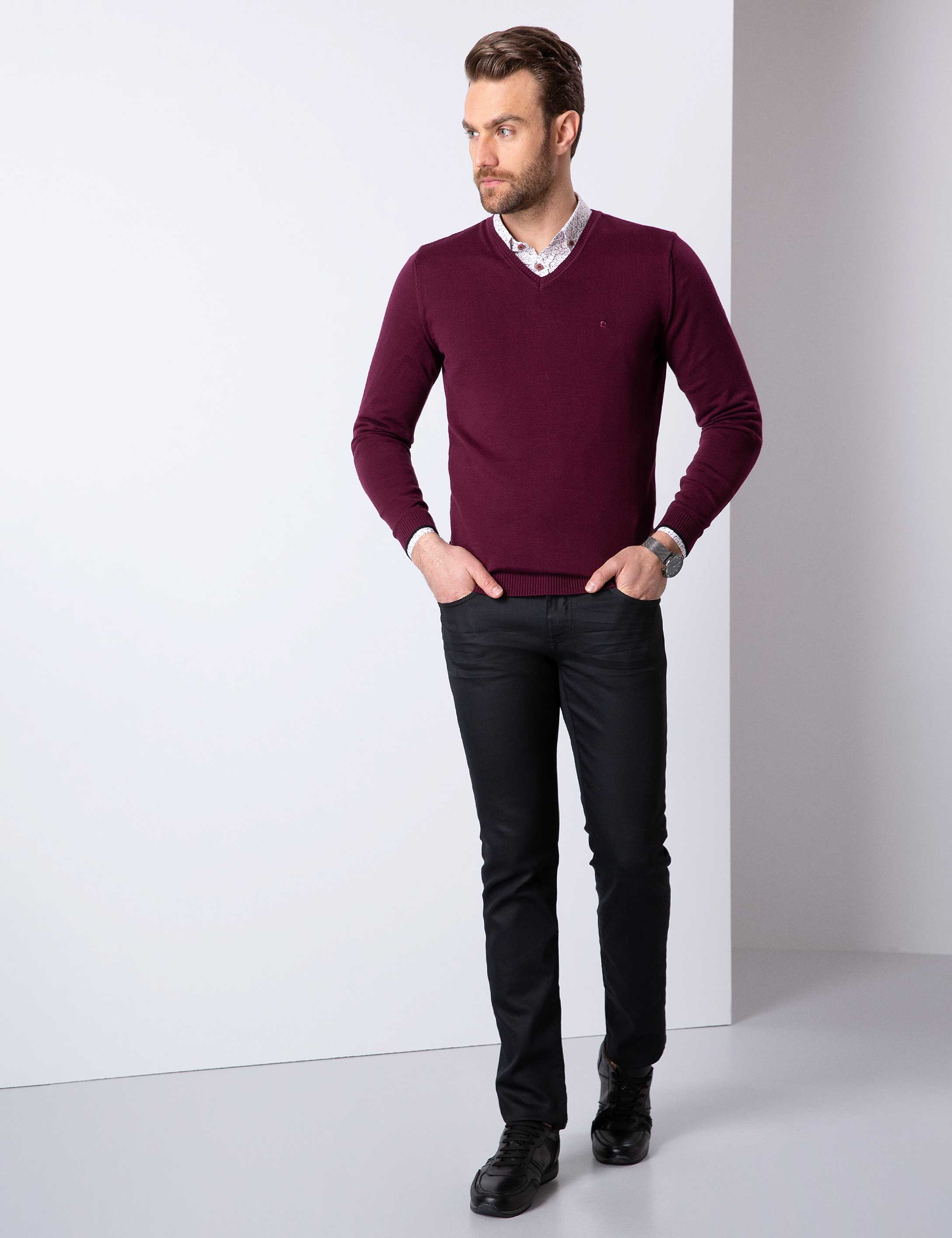 Bordo Slim Fit V Yaka Basic Triko Kazak - Image 3
