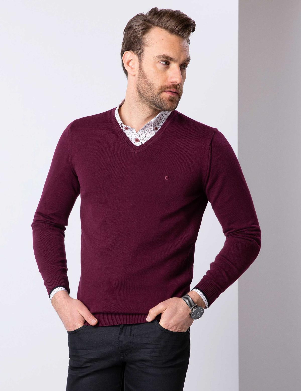 Bordo Slim Fit V Yaka Basic Triko Kazak