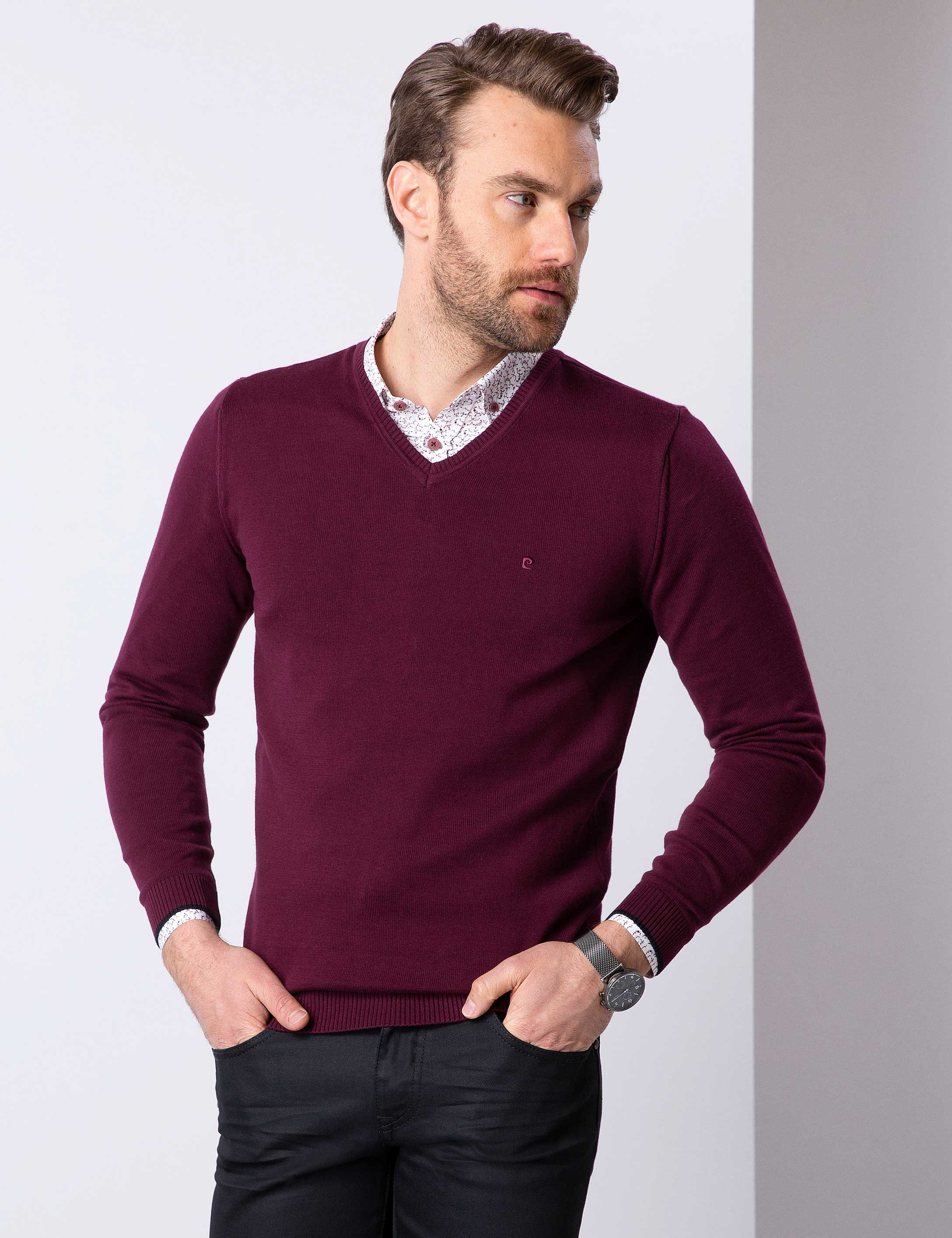 Bordo Slim Fit V Yaka Basic Triko Kazak - Image 1