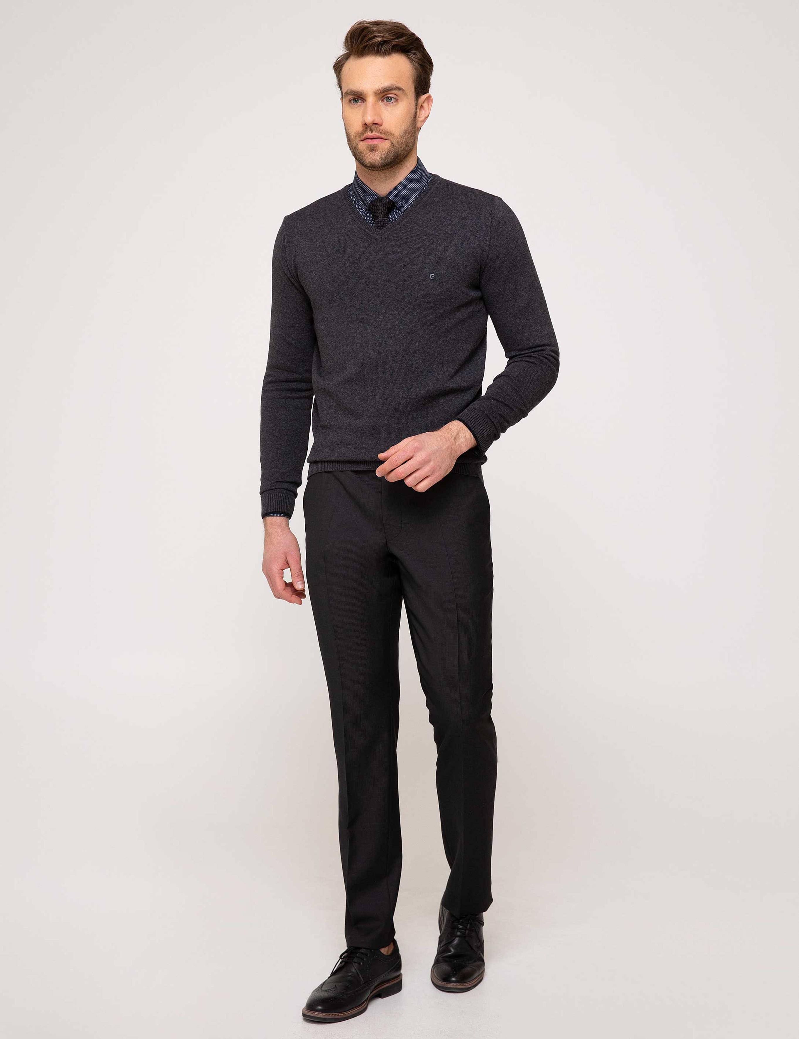 Antrasit Melanj Slim Fit V Yaka Basic Triko Kazak