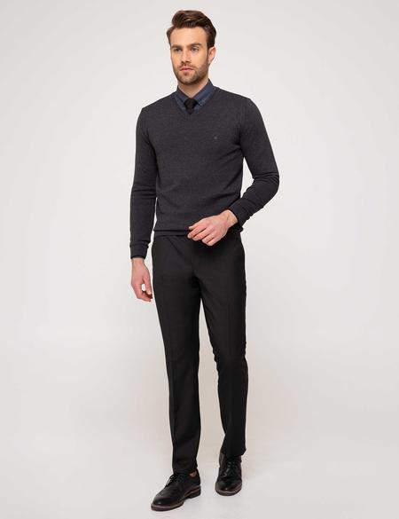 Antrasit Melanj Slim Fit V Yaka Basic Triko Kazak - 50205303032