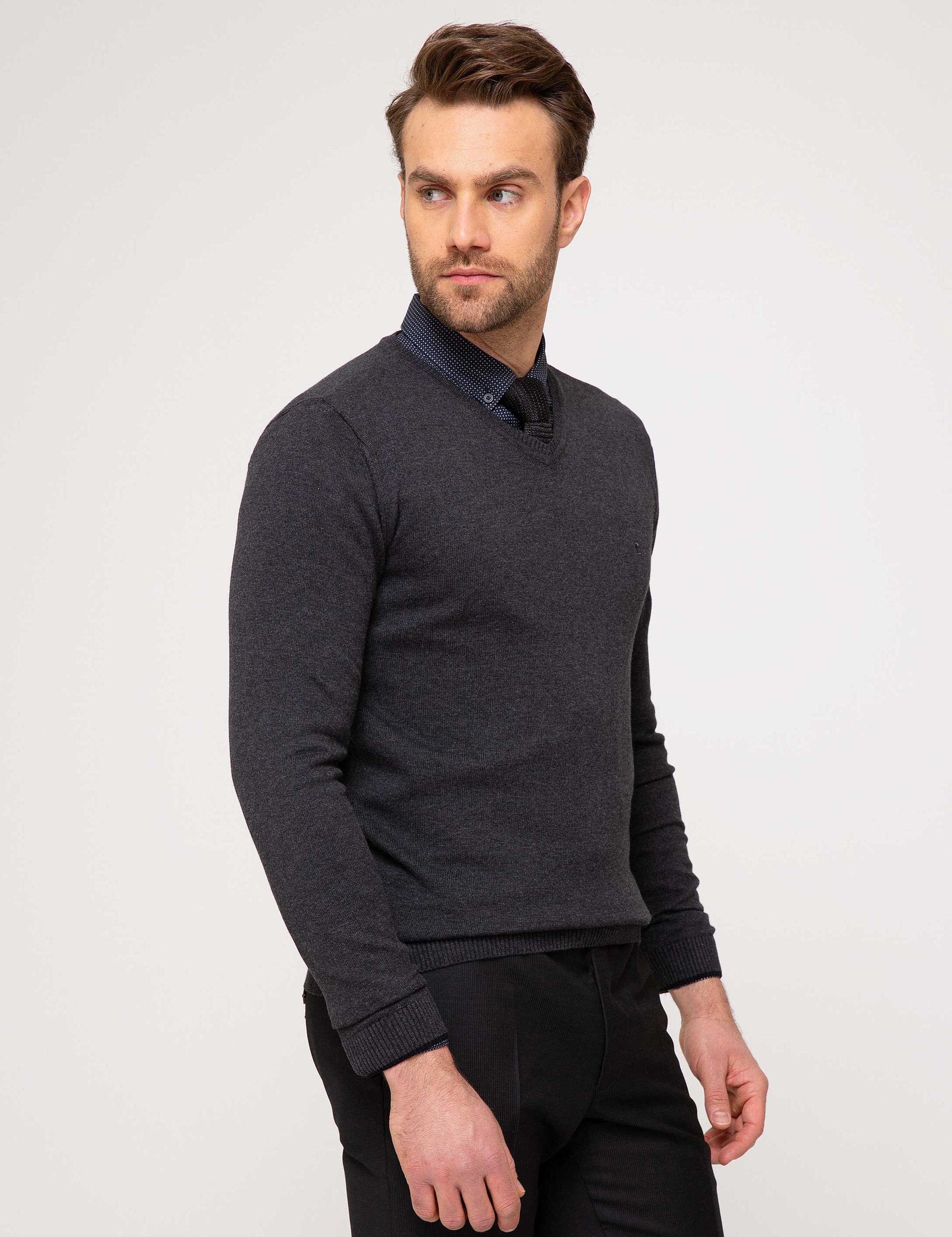 Antrasit Melanj Slim Fit V Yaka Basic Triko Kazak