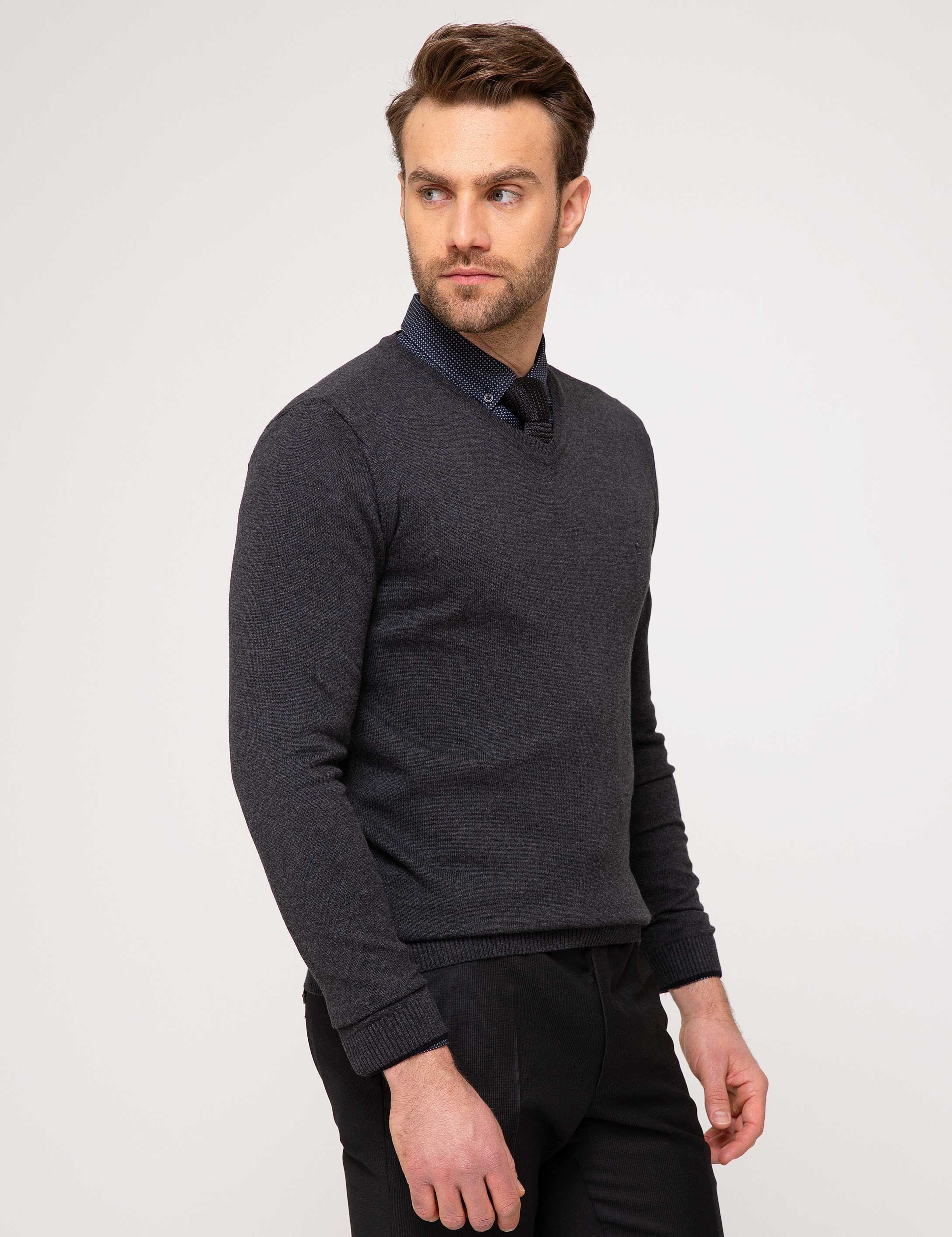 Antrasit Melanj Slim Fit V Yaka Basic Triko Kazak - Image 2