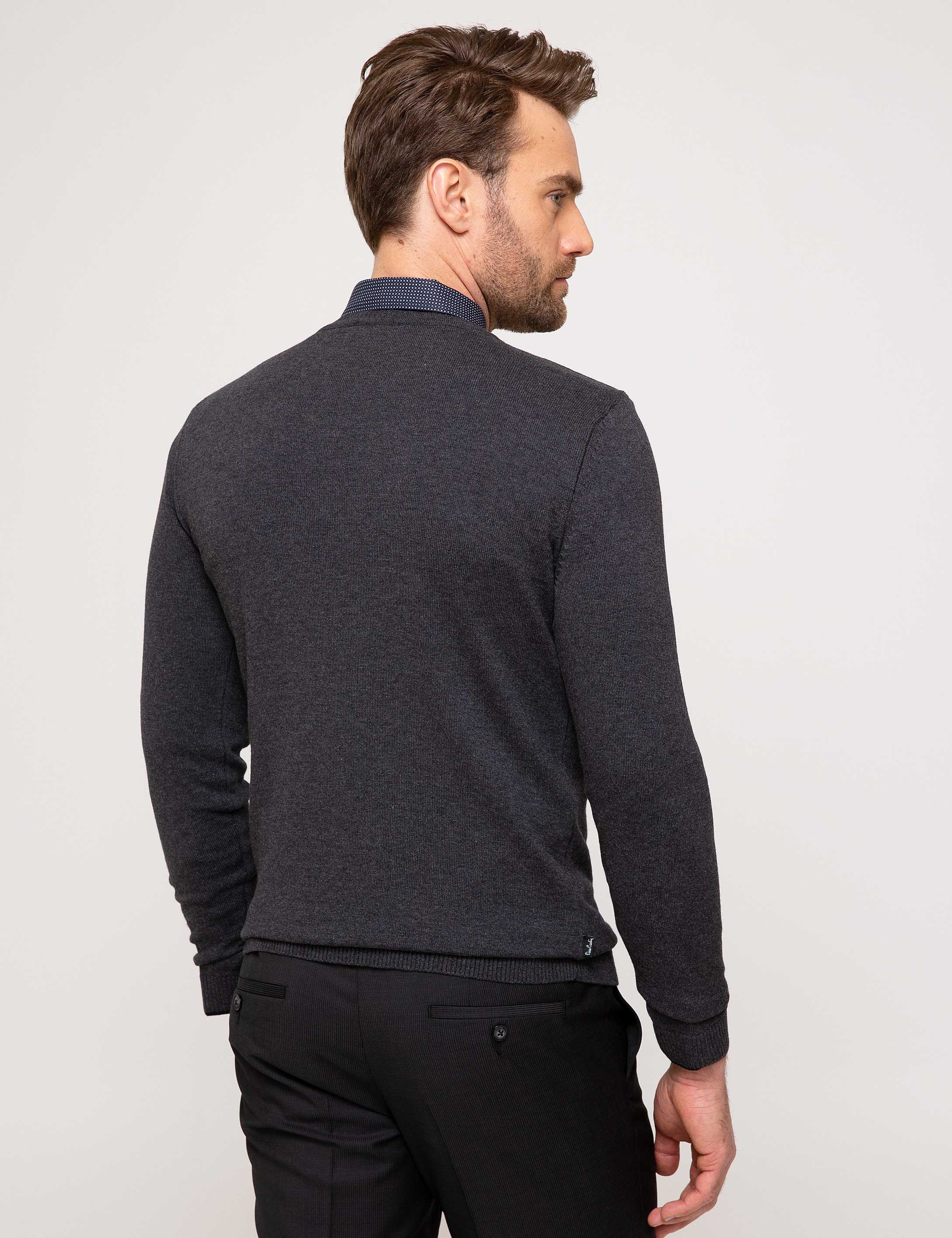 Antrasit Melanj Slim Fit V Yaka Basic Triko Kazak - Image 4