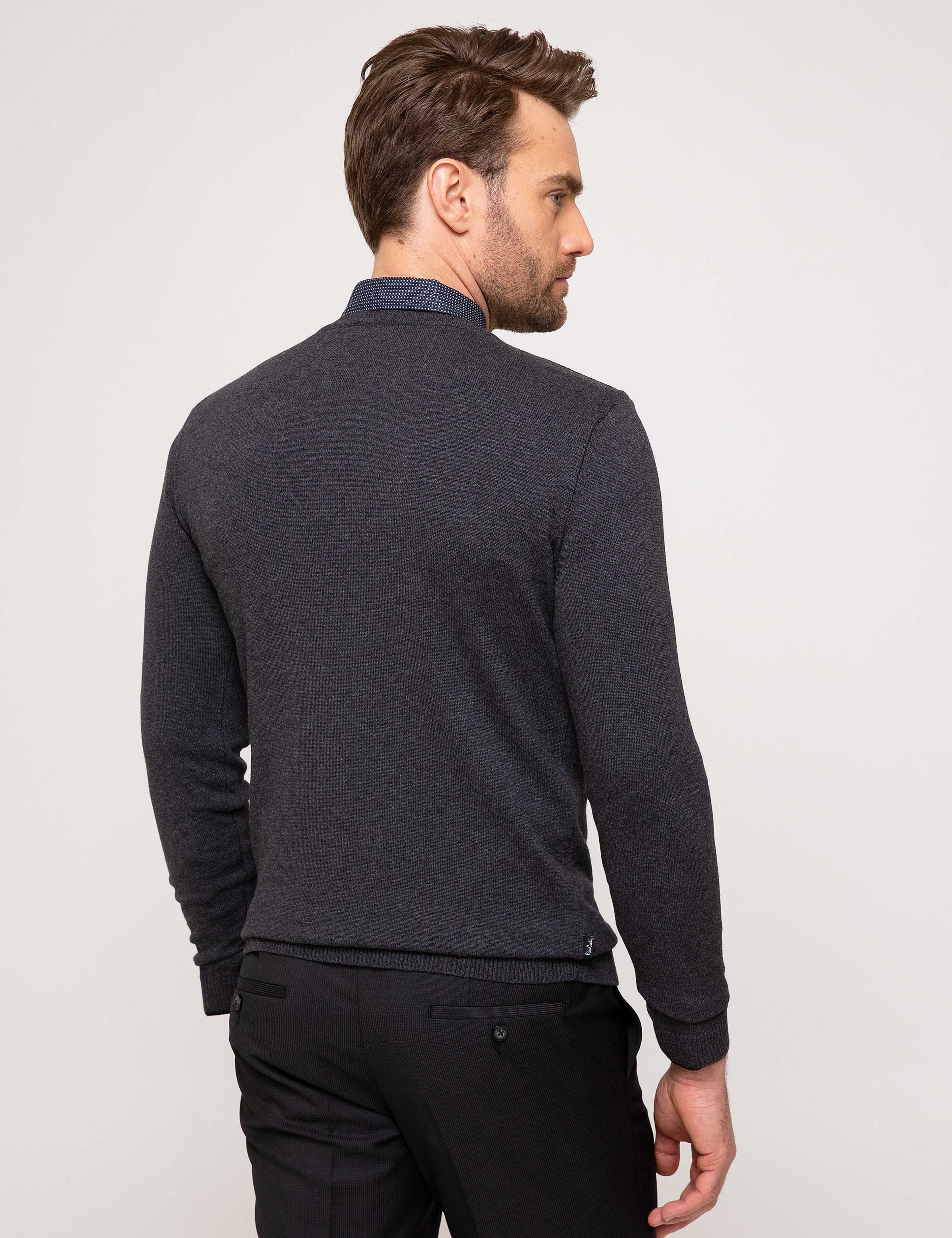 Antrasit Melanj Slim Fit V Yaka Basic Triko Kazak