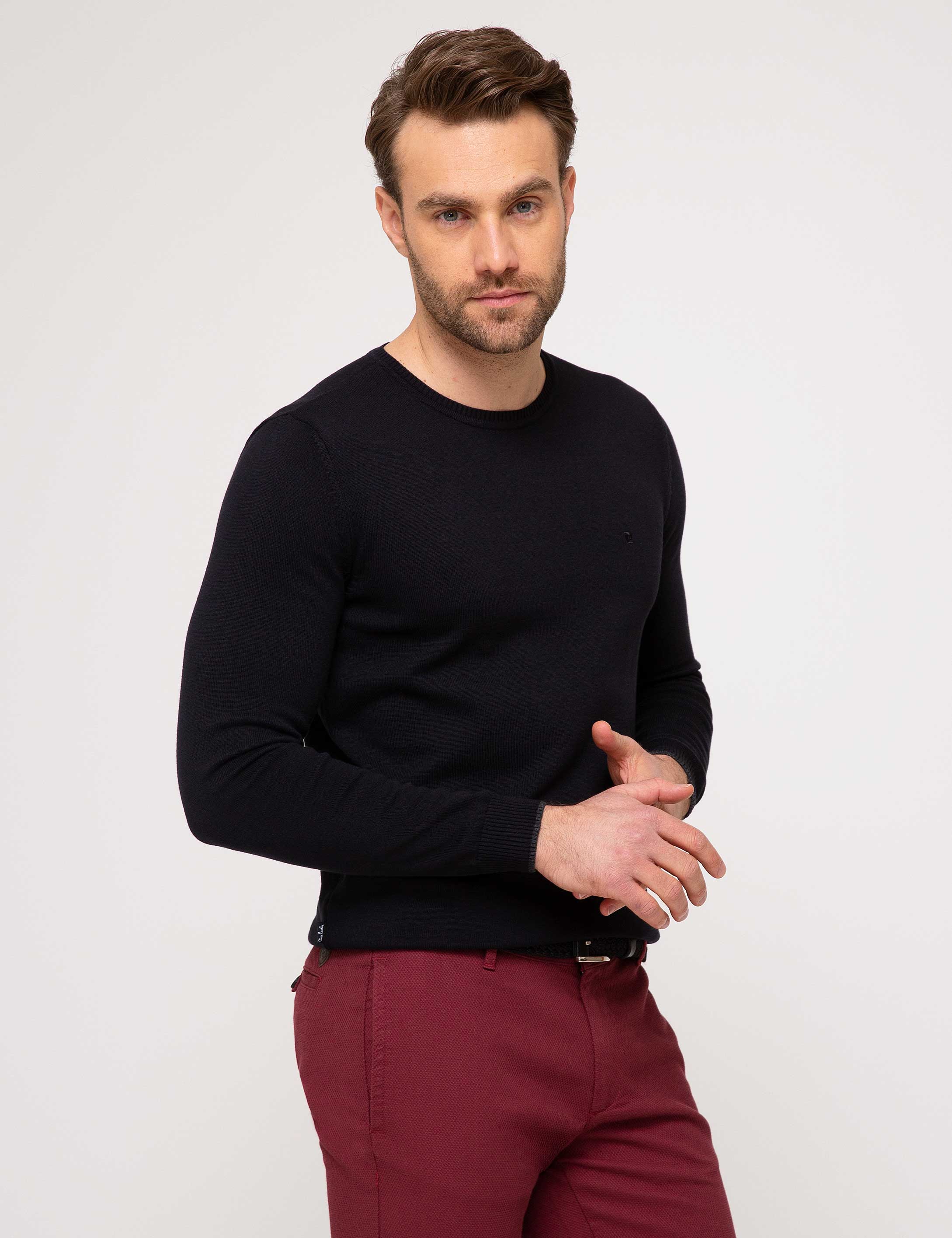 Siyah Slim Fit Bisiklet Yaka Basic Triko Kazak