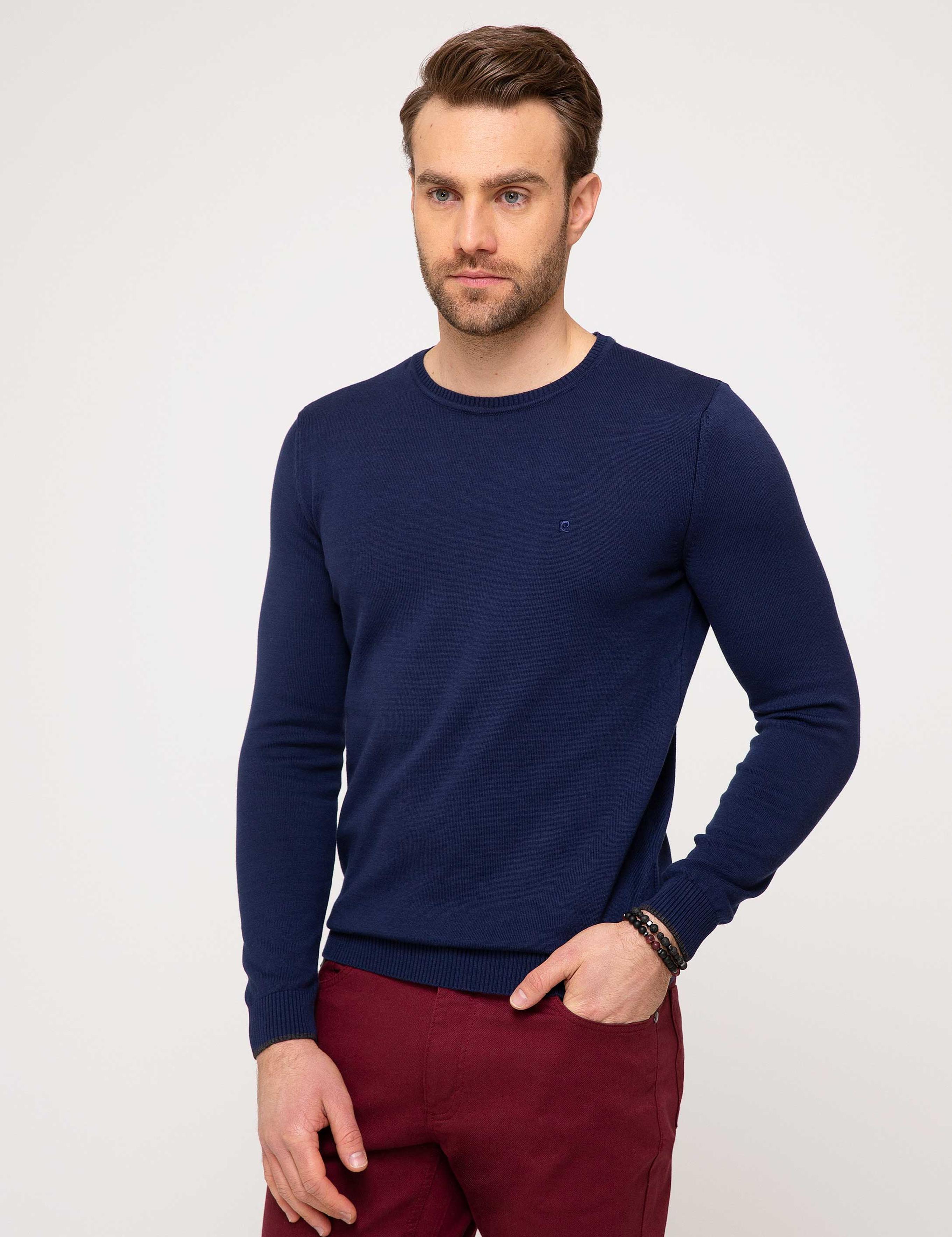 Lacivert Slim Fit Bisiklet Yaka Basic Triko Kazak