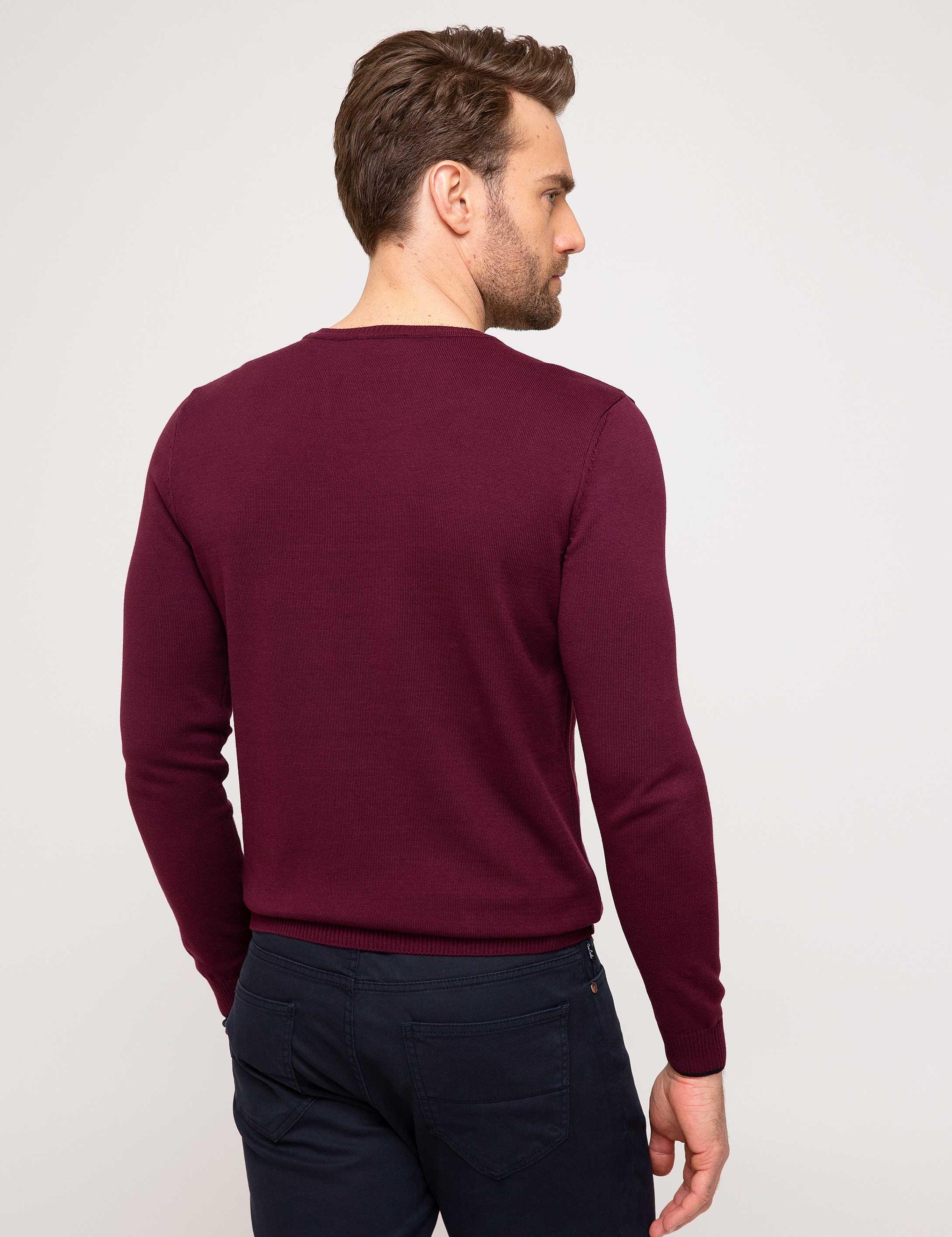 Bordo Slim Fit Bisiklet Yaka Basic Triko Kazak