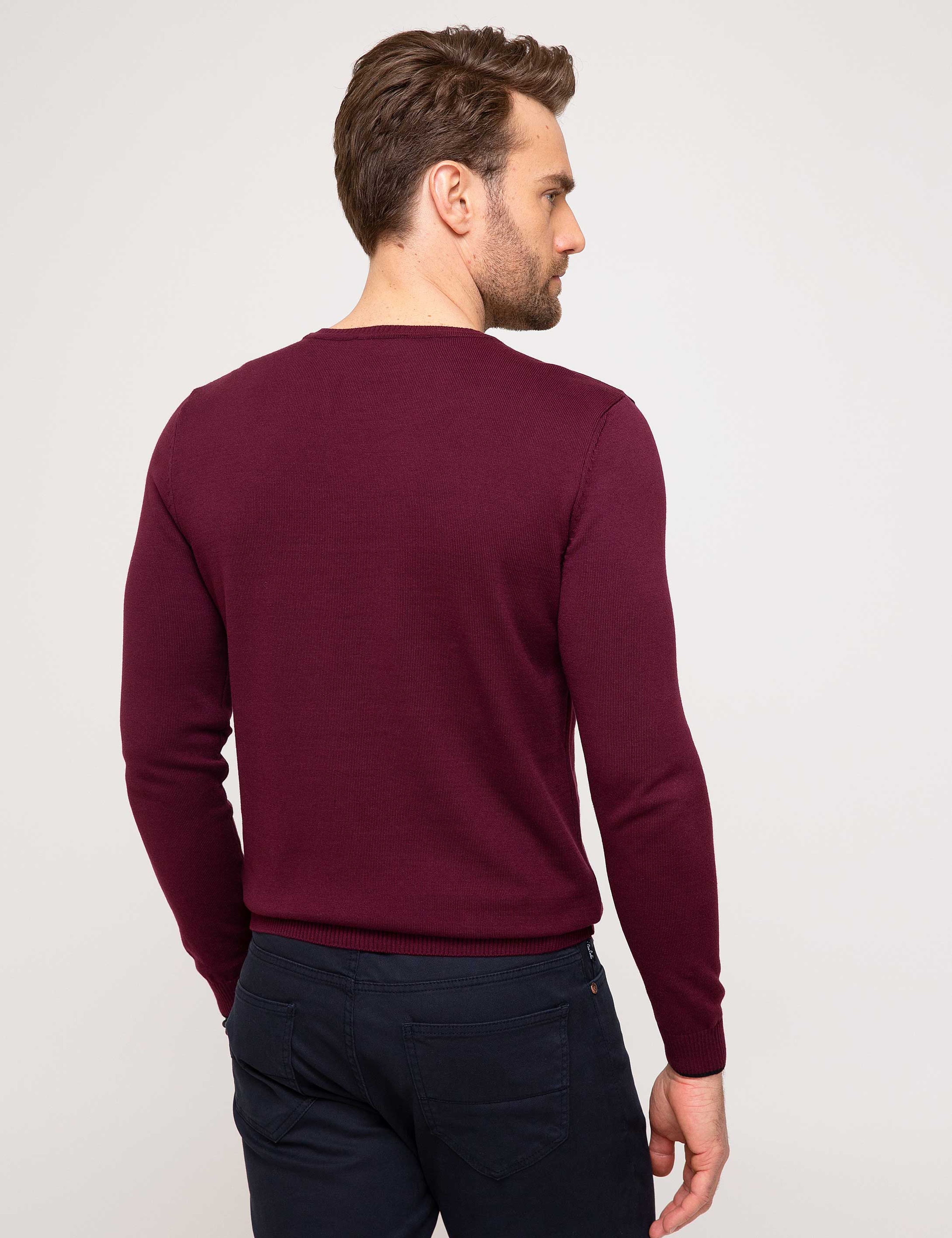 Bordo Slim Fit Bisiklet Yaka Basic Triko Kazak - Image 4