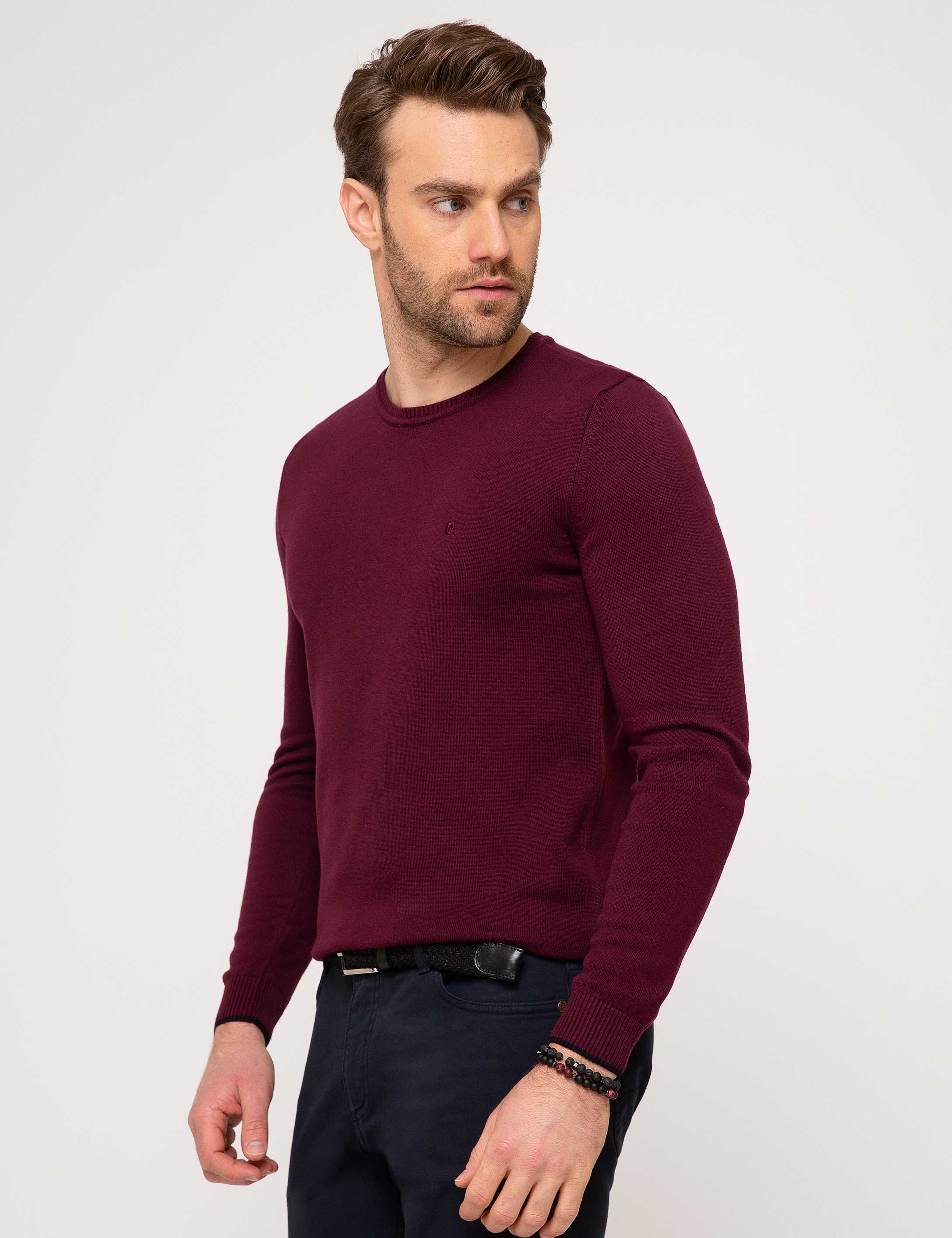 Bordo Slim Fit Bisiklet Yaka Basic Triko Kazak - Image 2