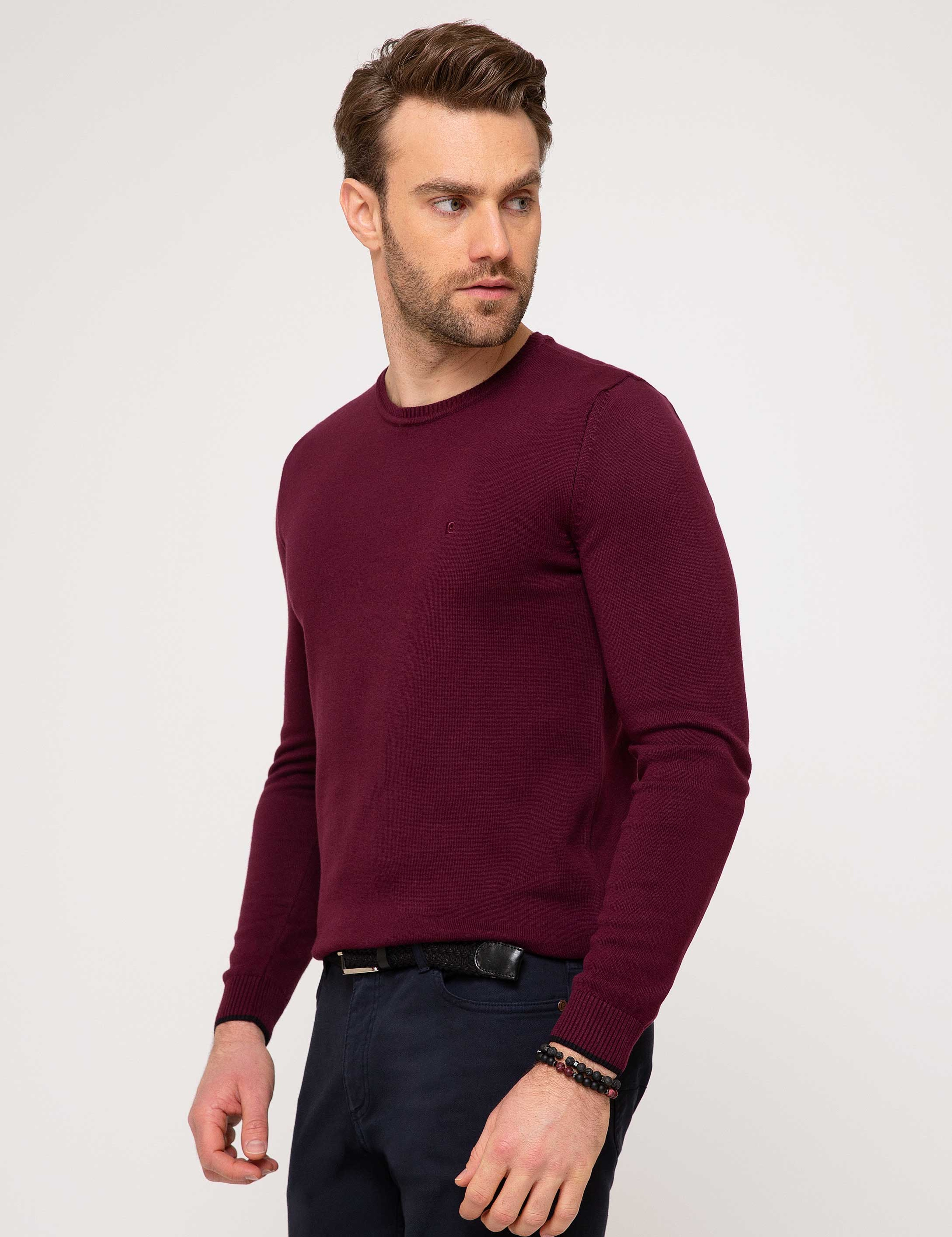 Bordo Slim Fit Bisiklet Yaka Basic Triko Kazak