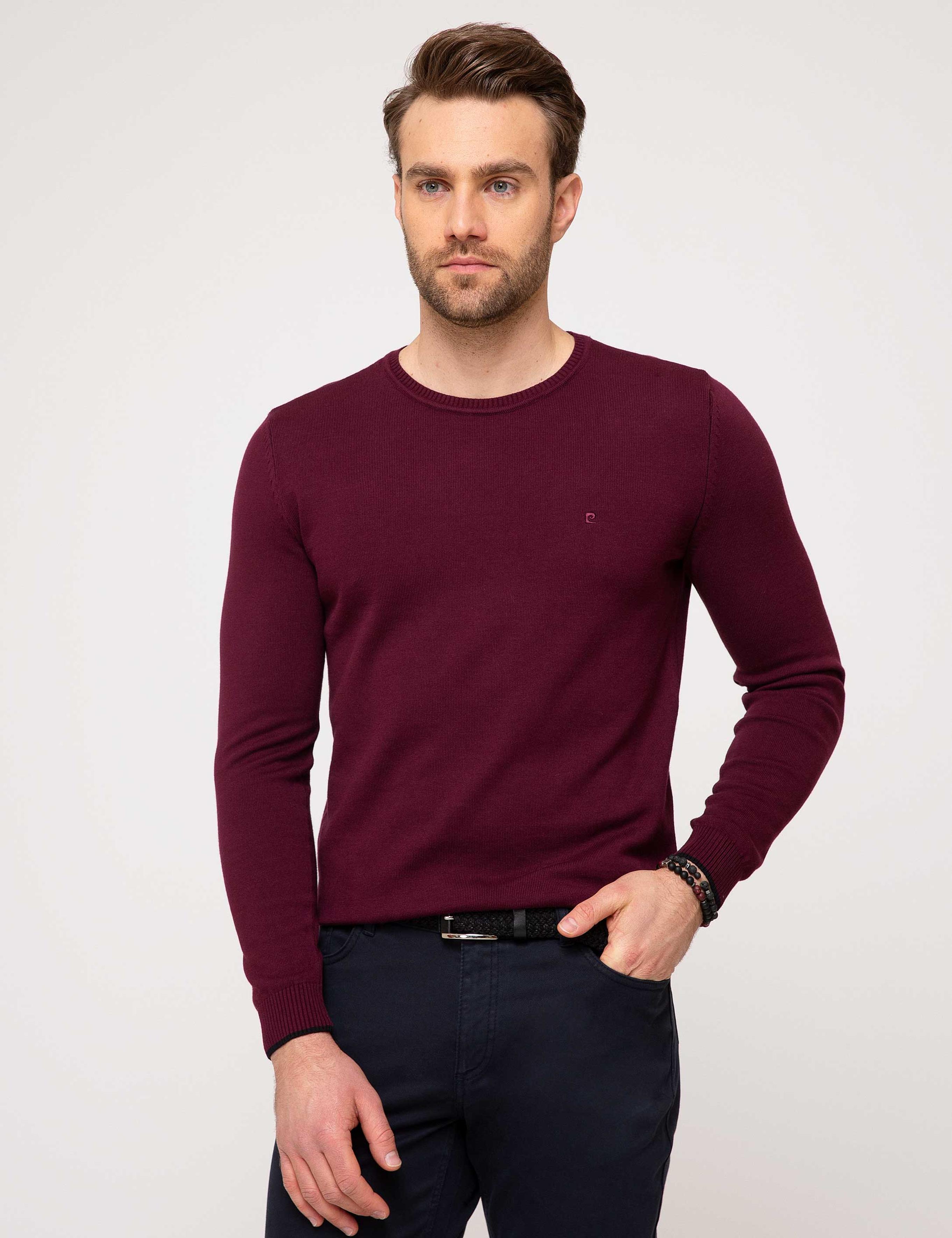 Bordo Slim Fit Bisiklet Yaka Basic Triko Kazak