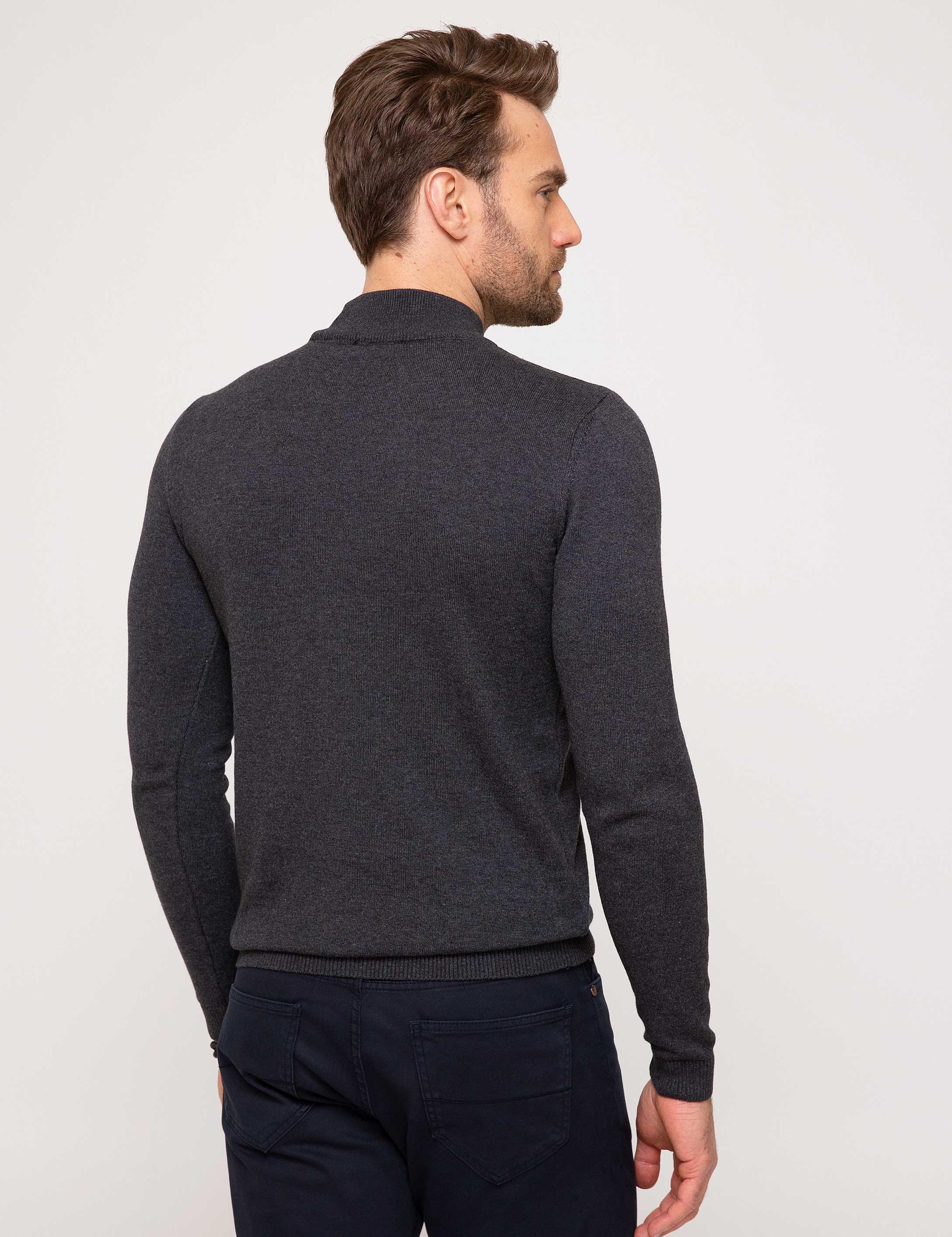 Antrasit Melanj Slim Fit Yarım Balıkçı Yaka Basic Triko Kazak