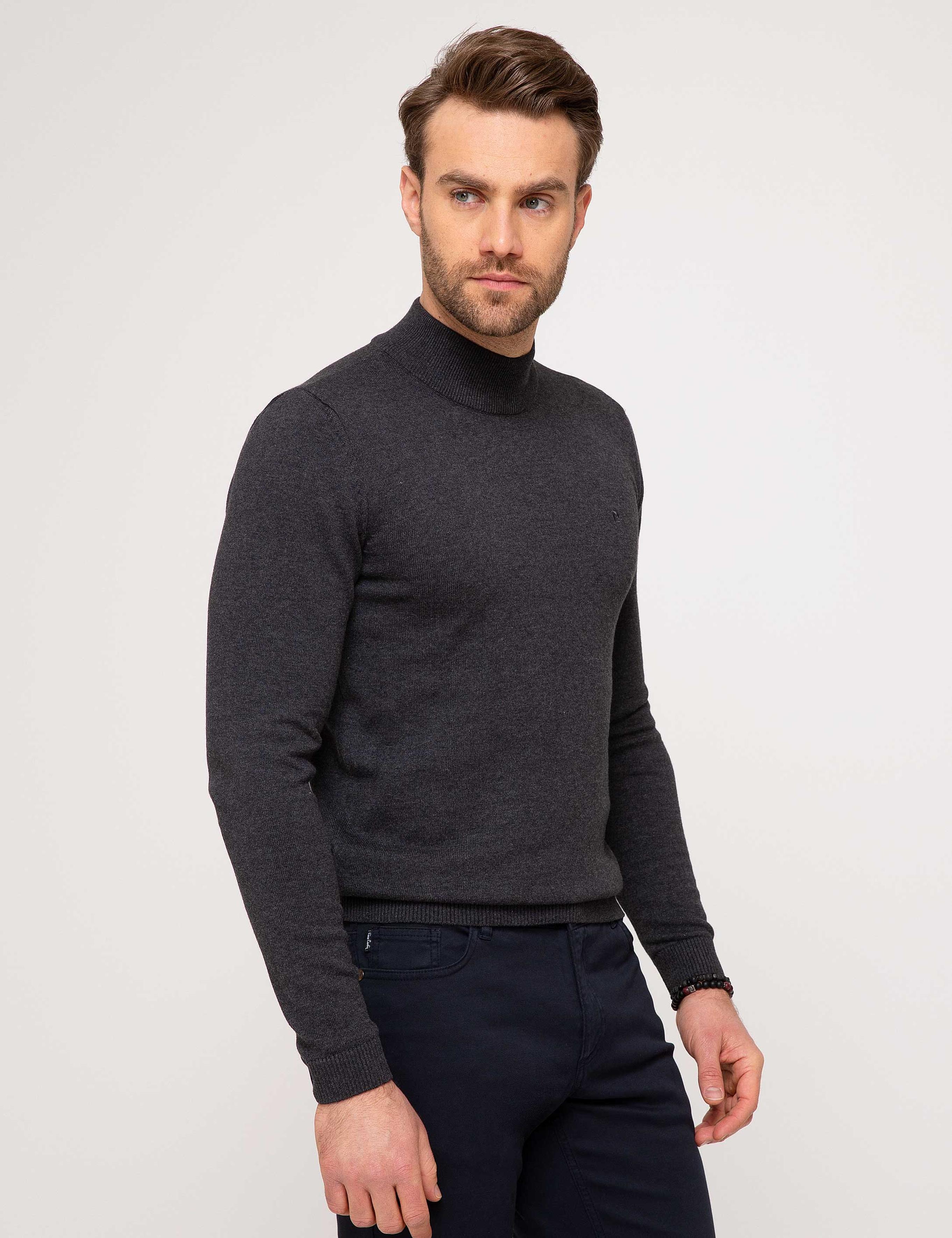 Antrasit Melanj Slim Fit Yarım Balıkçı Yaka Basic Triko Kazak