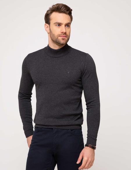 Antrasit Melanj Slim Fit Yarım Balıkçı Yaka Basic Triko Kazak - 50205305001